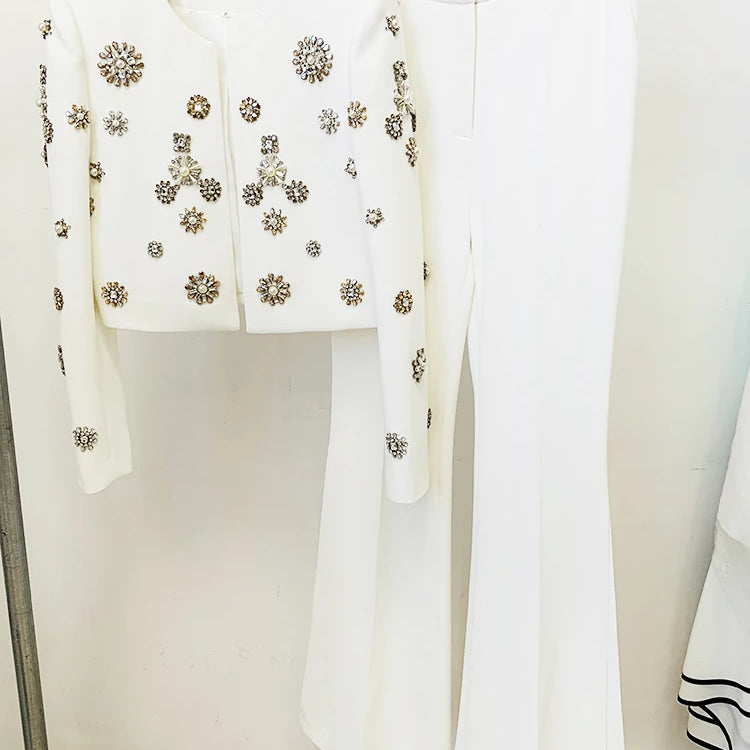 HIGH STREET Newest Fashion 2024 Designer Suit Set Women's Pearls Diamonds Rhinestone Beaded Trimed Jacket Flare Slit Pants Suit