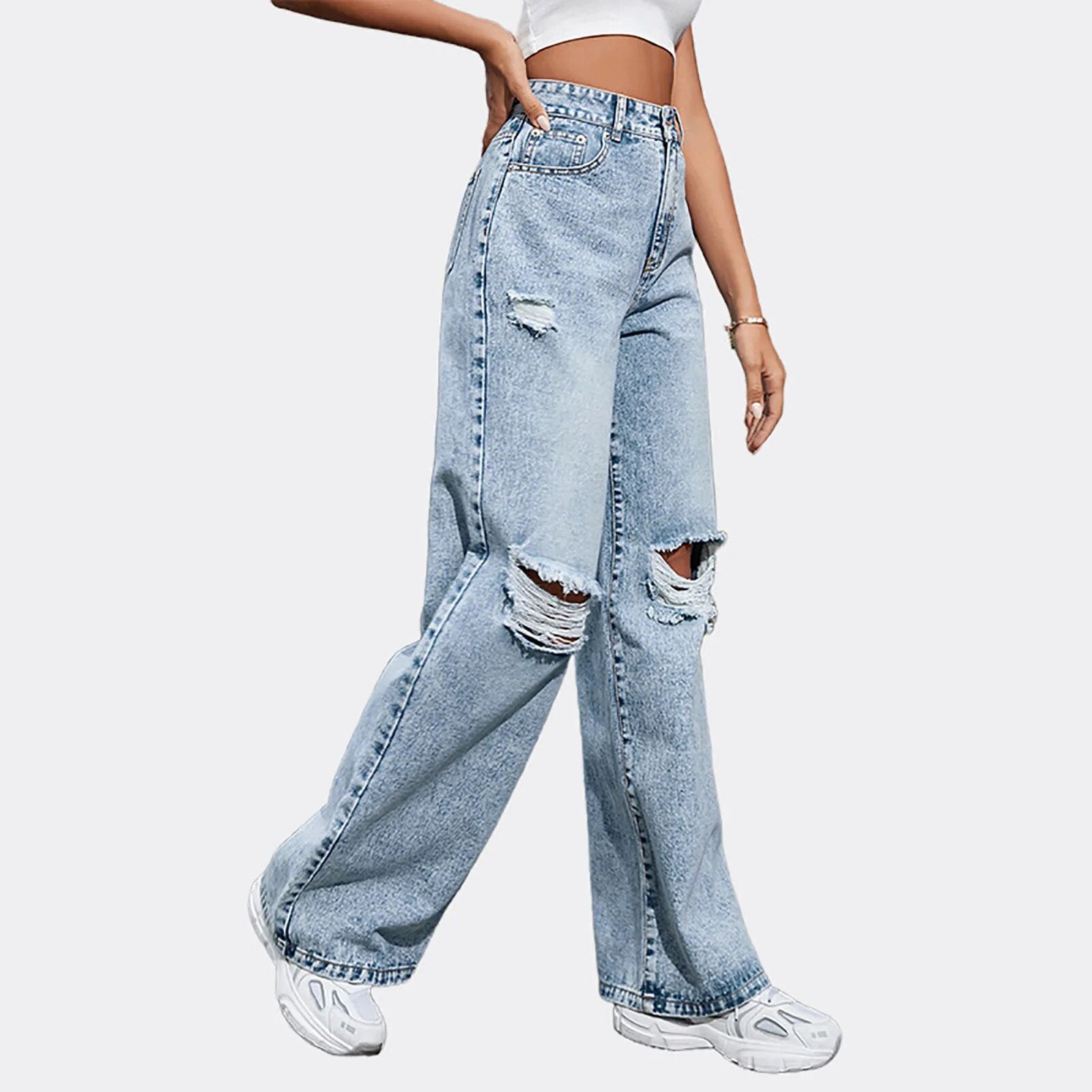 Women Casual Loose Ripped Jeans 2024 Autumn Women New Blue Denim Trousers Fashion Streetwear Black Wide Leg Baggy Denim Pants