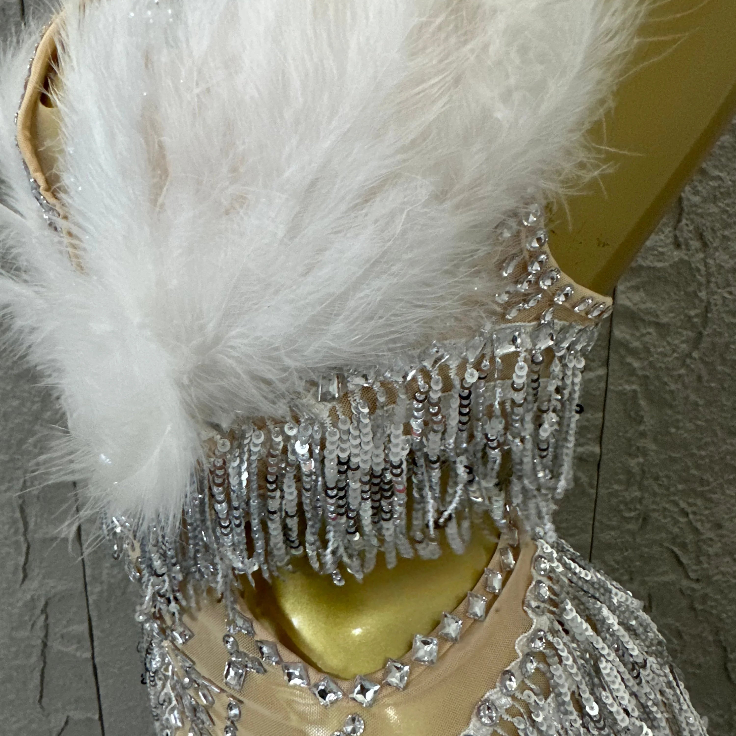 Luxurious Sheer Mesh Bodysuit Women Sexy Crystal Embellished Feather Fringe Trim Spaghetti Strap Outfit Stage Performance Outfit