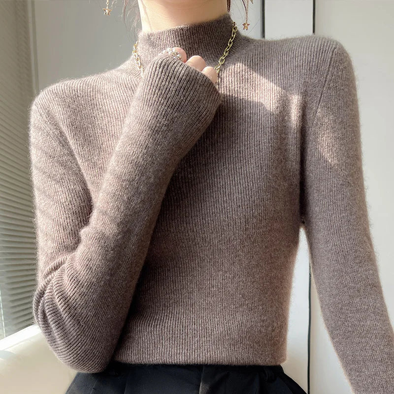 2022 Autumn and Winter Women's Cashmere Sweater Pullover Half Turtleneck Casual Fashion Pure Color Warmth Comfort Dark coffee