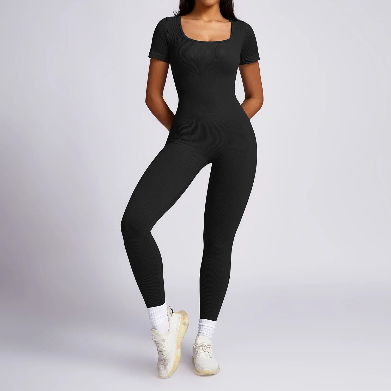 New Yoga Suits Fitness Outfit Female One-piece Jumpsuits Women Sporty Workout High-strength Thread Short-sleeved Fitness Suit Black
