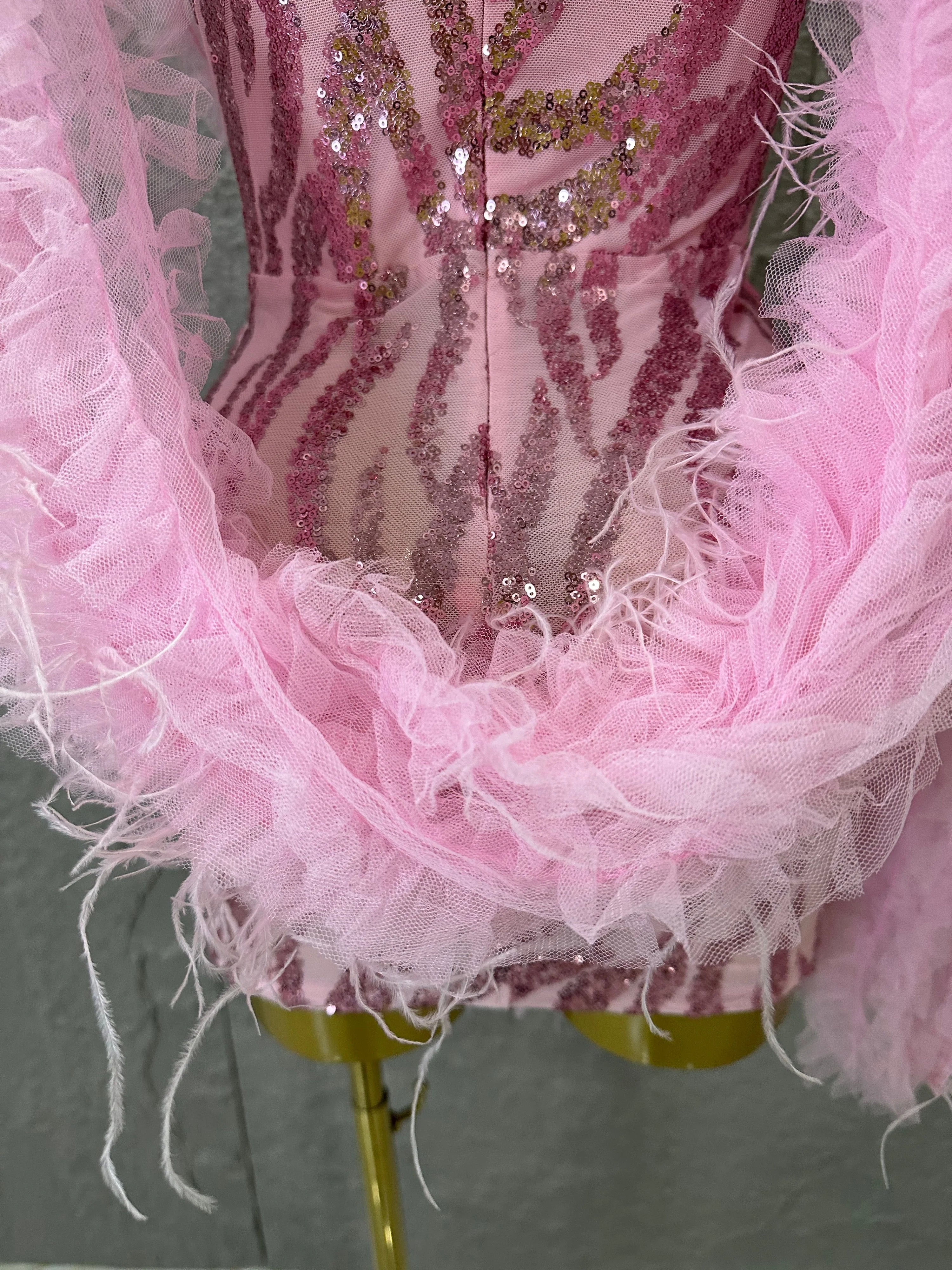 Luxurious Feather Trim Shawl Women Elegant Sheer Mesh Tulle Evening Gown Party Prom Formal Event Party Costume