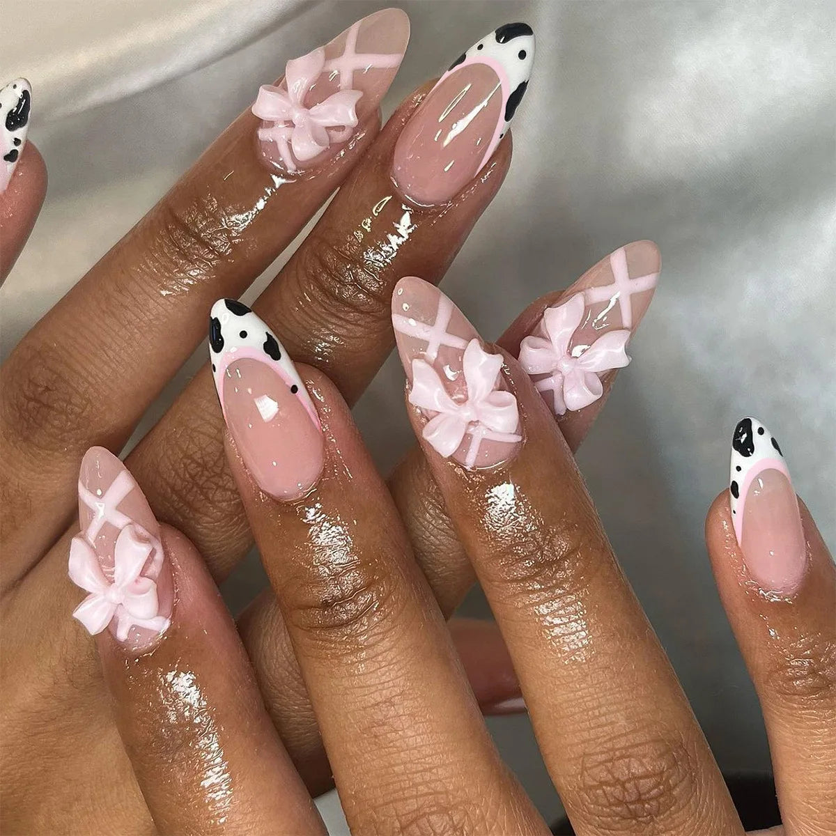 10Pcs White French Fake Nail with Glue Almond Press on False Naills Pink 3D Bow Camellia Design Nails Art Wearable Manicure Tips 3601