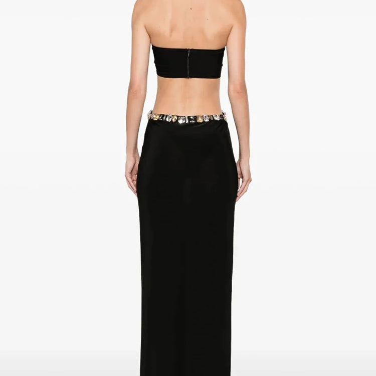 Sexy Halter Gold Chains Hollow Out Long Dress Black Sleeveless Backless Shiny Diamonds Bodycon Dresses Evening Party Gowns