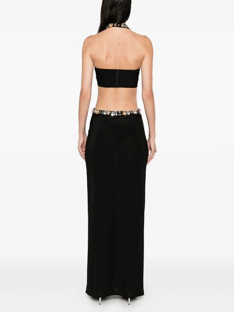 Sexy Halter Gold Chains Hollow Out Long Dress Black Sleeveless Backless Shiny Diamonds Bodycon Dresses Evening Party Gowns