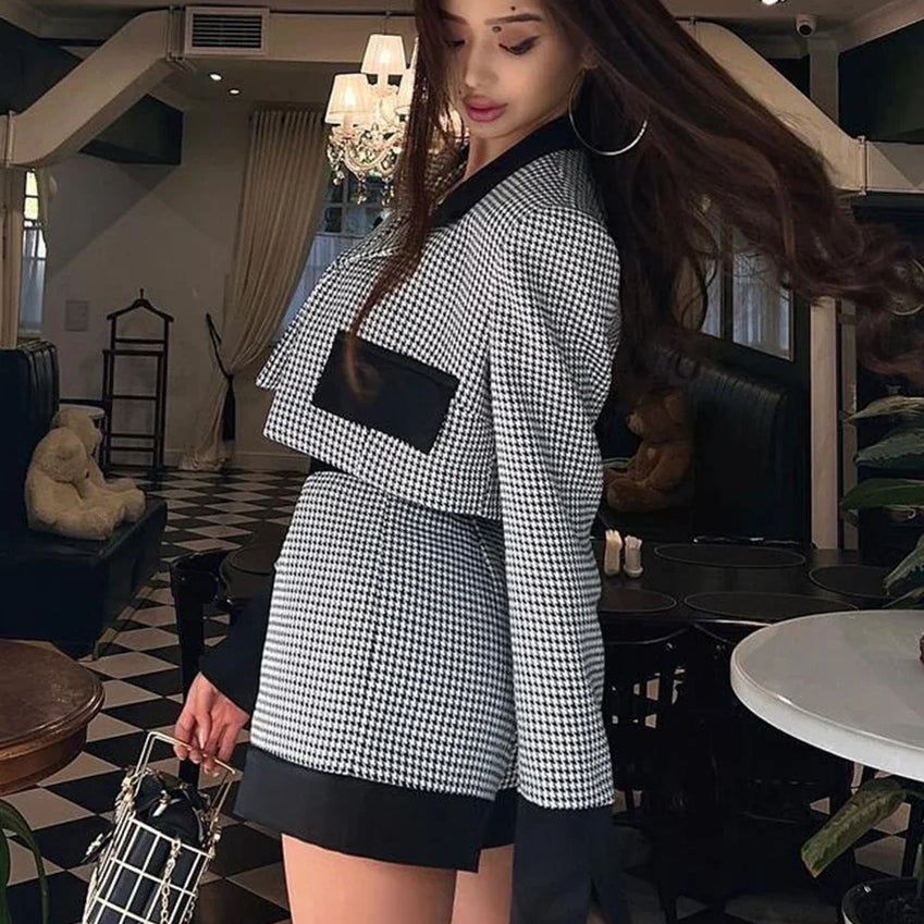 Clacive Fashion Slim Patchwork 2 Piece Sets Women Outfit 2023 Elegant Long Sleeve Crop Top With High Waist Shorts Set Streetwear