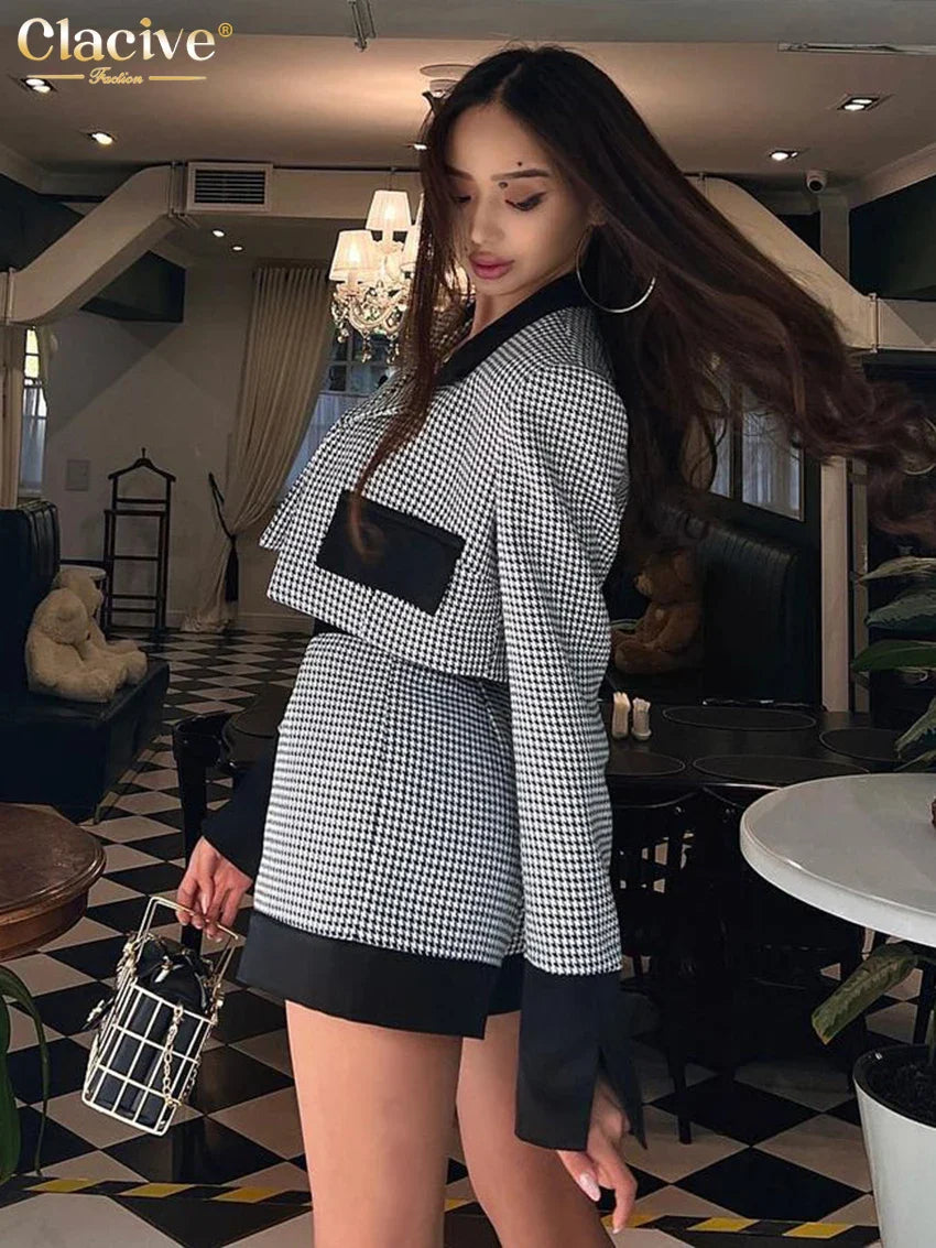 Clacive Fashion Slim Patchwork 2 Piece Sets Women Outfit 2023 Elegant Long Sleeve Crop Top With High Waist Shorts Set Streetwear