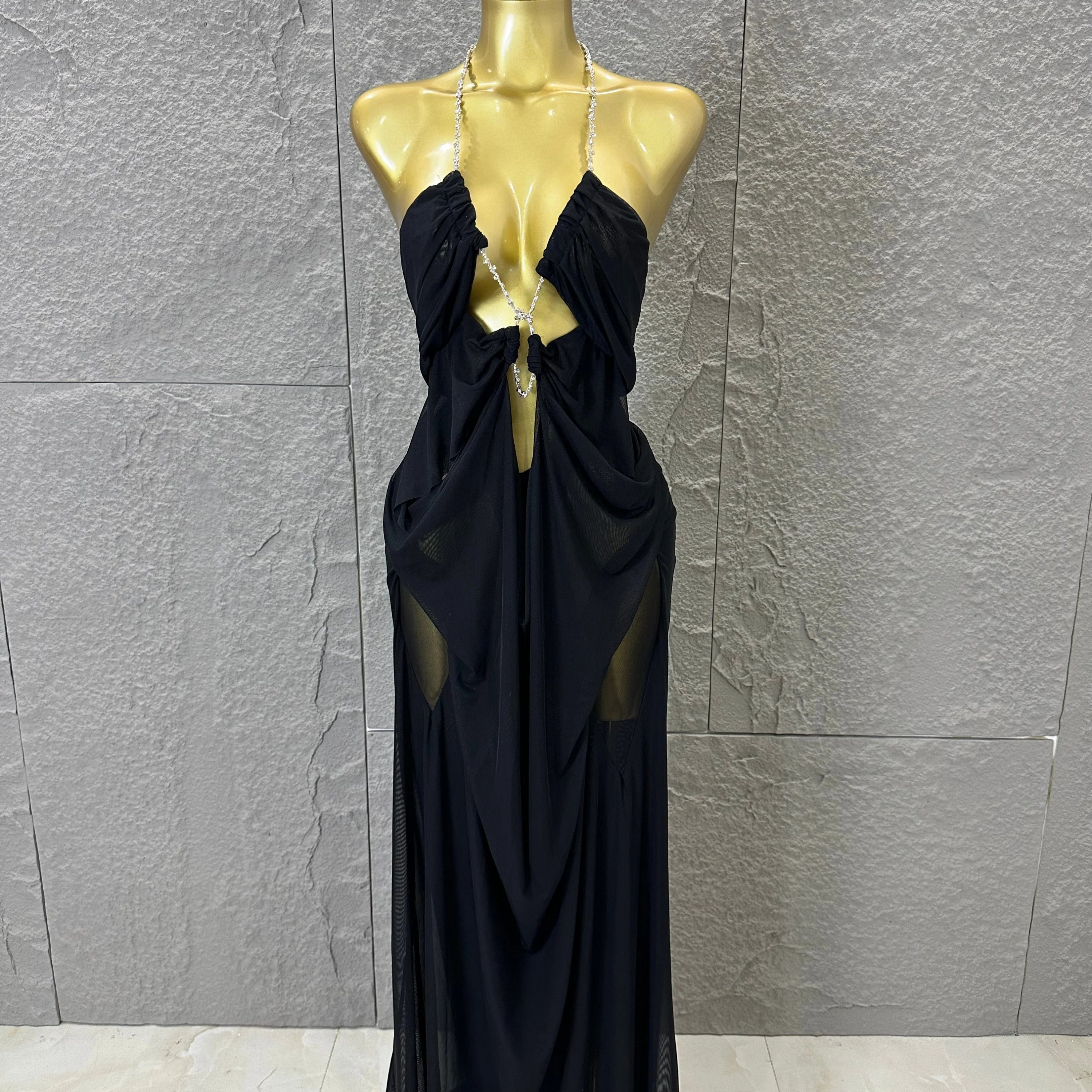 Sexy Halter Neck Maxi Dress Crystal Chain Cutout Ruched Women Sheer Mesh Form Outfit Glamorous Evening Gala Party Costume black