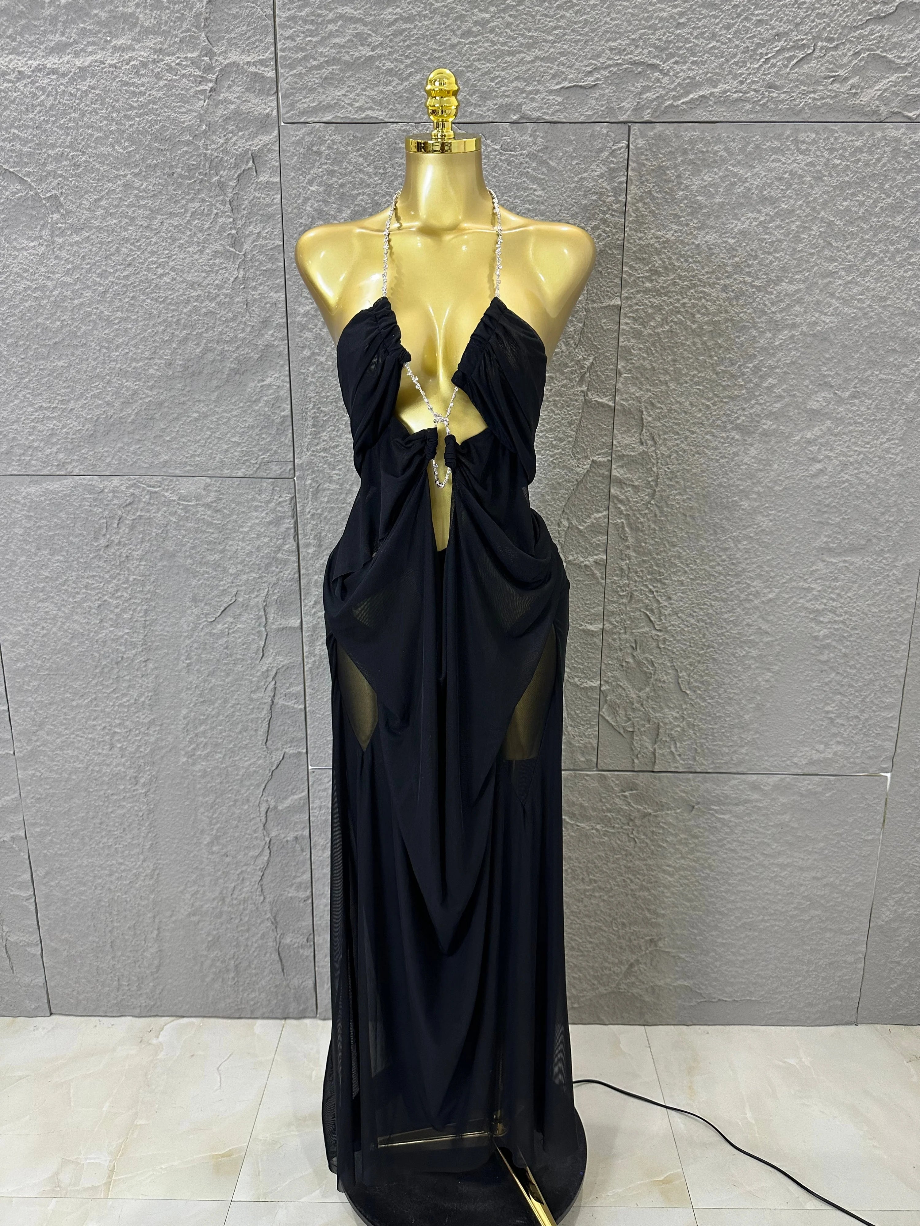 Sexy Halter Neck Maxi Dress Crystal Chain Cutout Ruched Women Sheer Mesh Form Outfit Glamorous Evening Gala Party Costume black
