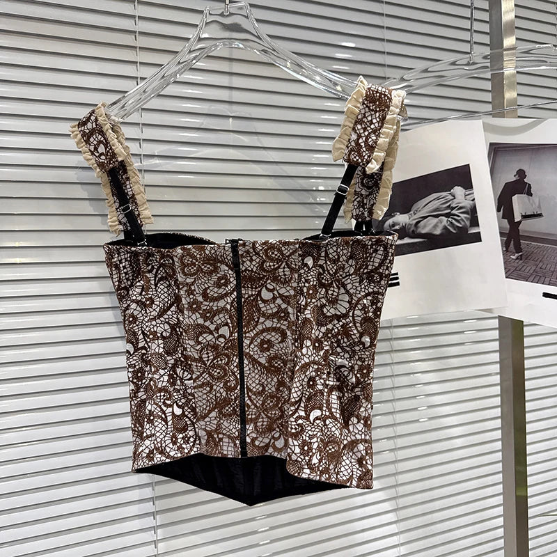 Winter New Fashion Floral Pattern Lace Shoulder Strap Fishbone Chest Pad Camisole For Women Outwear Tank Top 11A07941