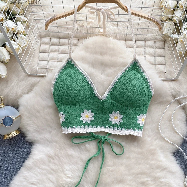 SINGREINY Floral Hook Knit Camisole Women Elegant Backless Fashion Vacation Ladies Backless Summer Bikini Sexy Beach Bra green One Size