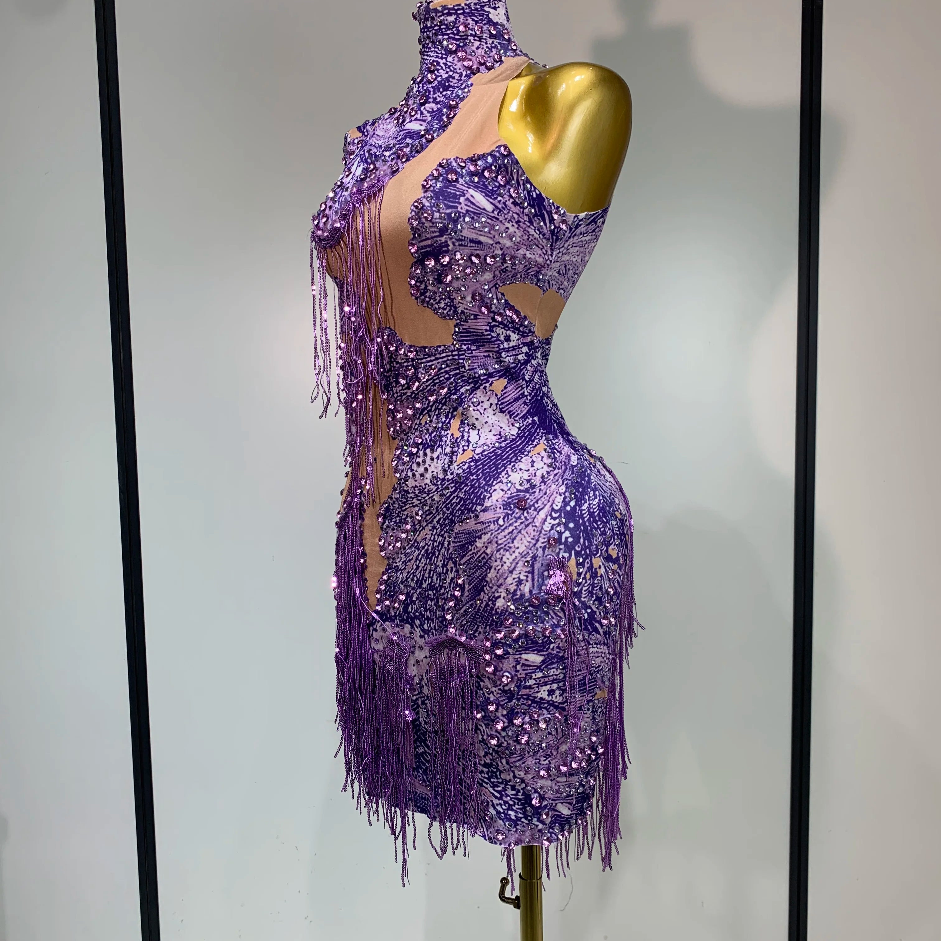 Sexy Sparkly Purple Rhinestones Tassel One Shoulder Sleeve Mini Dress Evening Party Birthday Nightclub Stage Performance Outfit