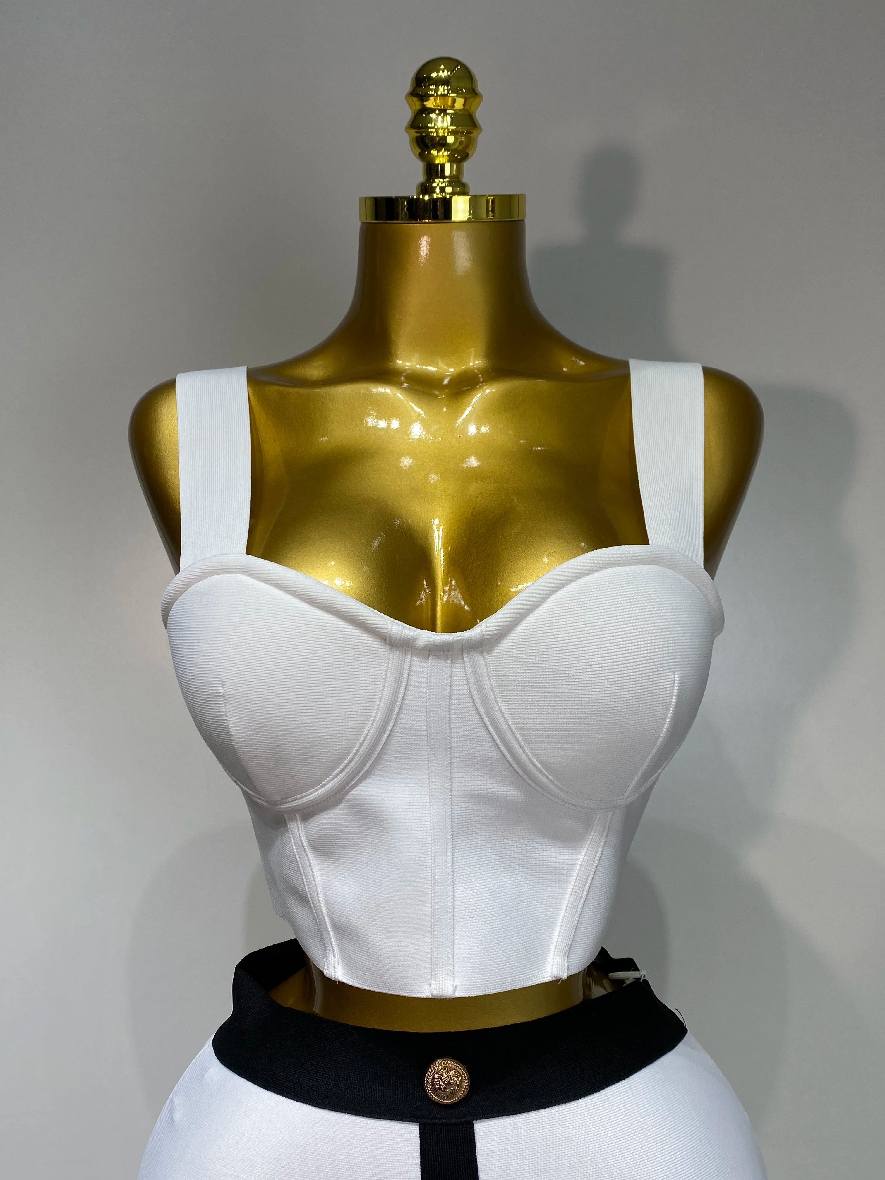 Women Button Patchwork White Black Bodycon Bandage Two Piece Set 2025 Designer High Waist Party Club Skirt Set