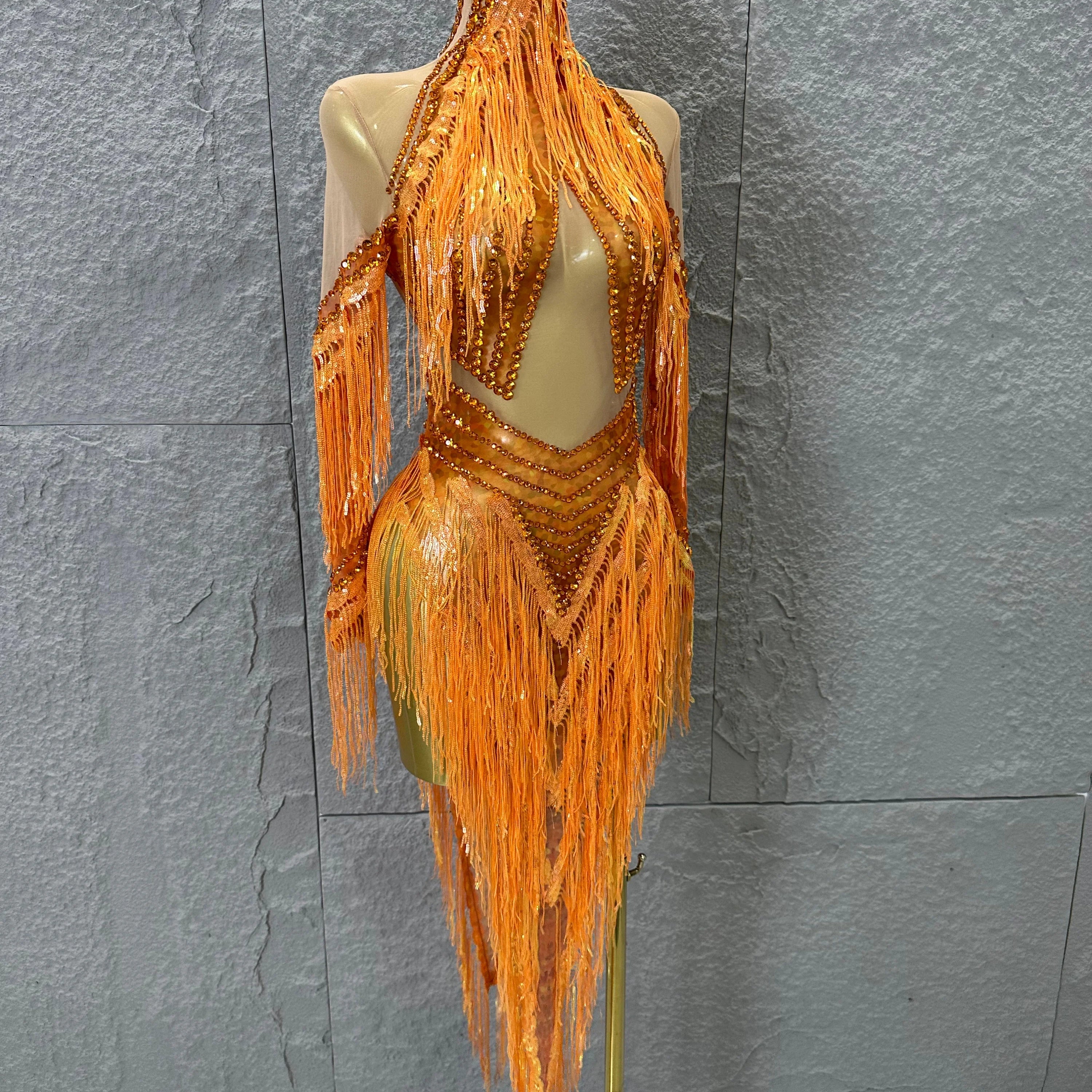 Sparkly Orange Rhinestone Fringe High Neck Dress Women Sheer Mesh Embellished Latin Dance Performance Costume