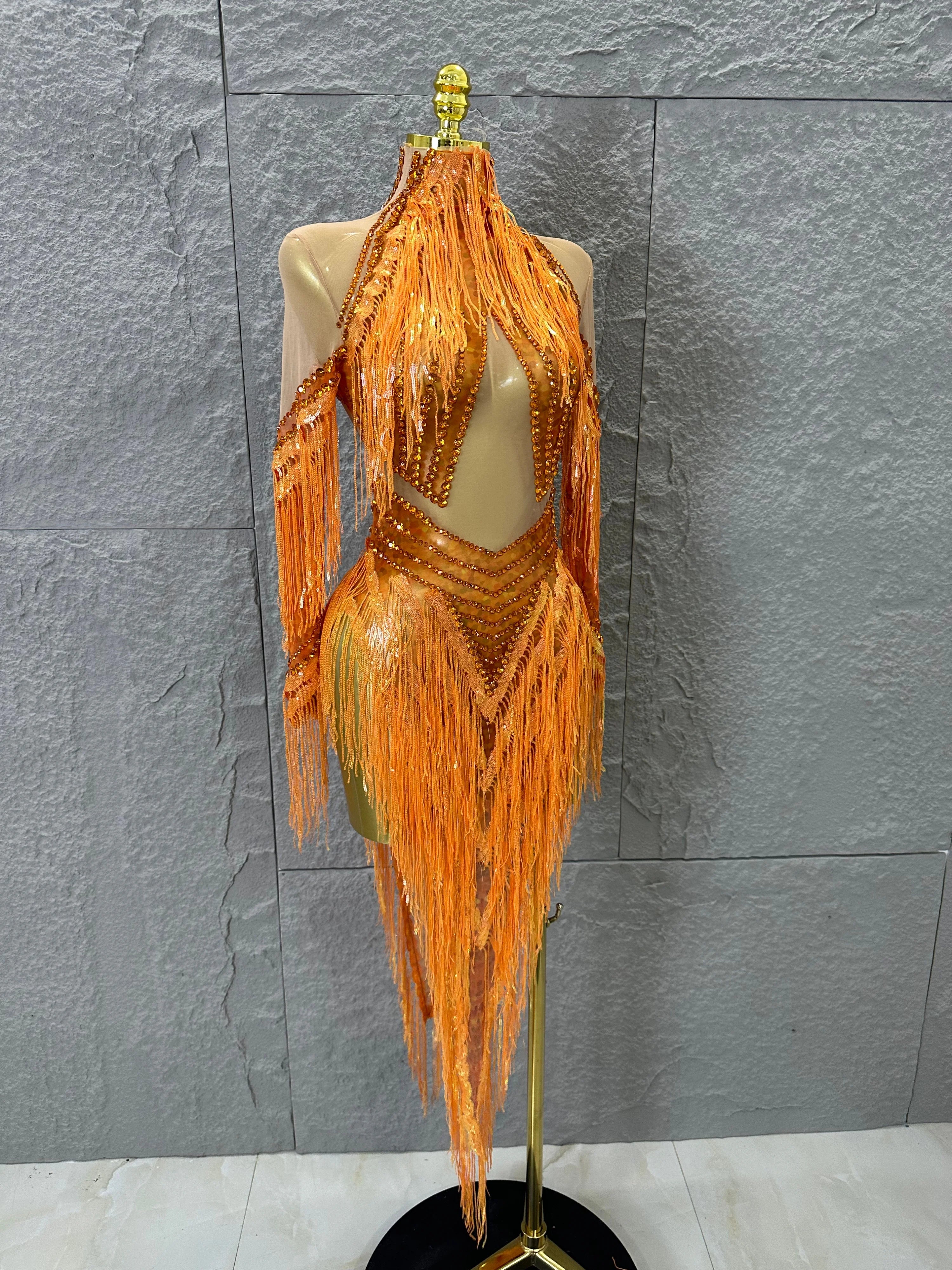 Sparkly Orange Rhinestone Fringe High Neck Dress Women Sheer Mesh Embellished Latin Dance Performance Costume