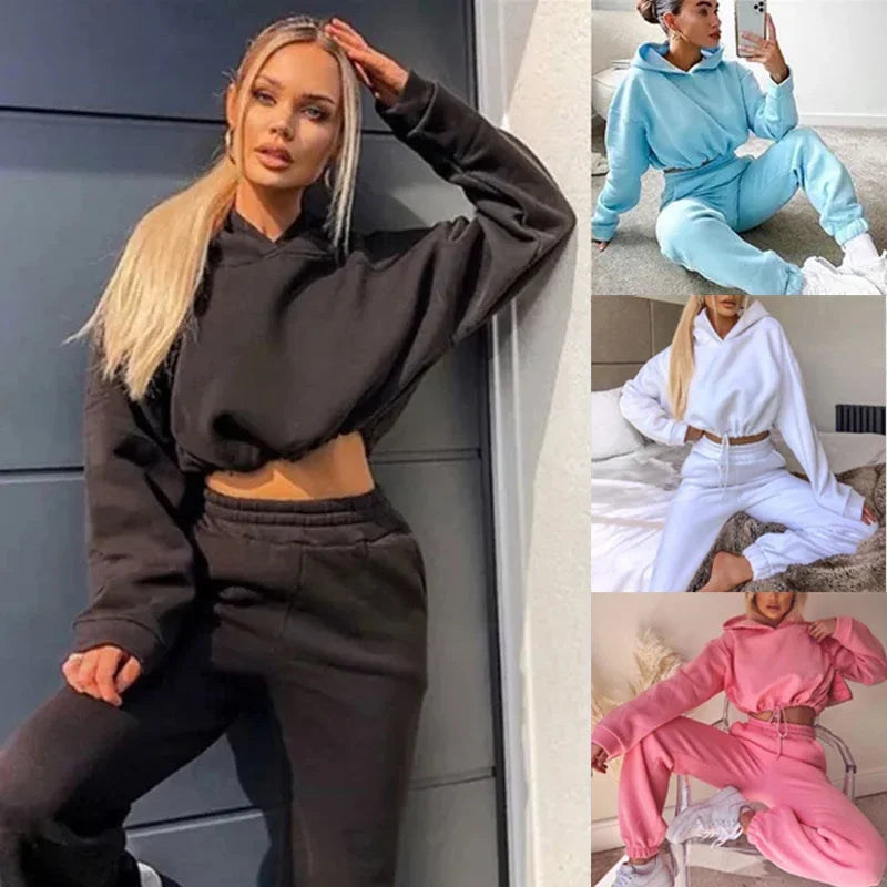 Autumn Winter Women Sweatshirt Set Solid Color Casual Simple Hooded 2 Piece Outfit Set Fashion Gym Jogging Woman Pant Sets