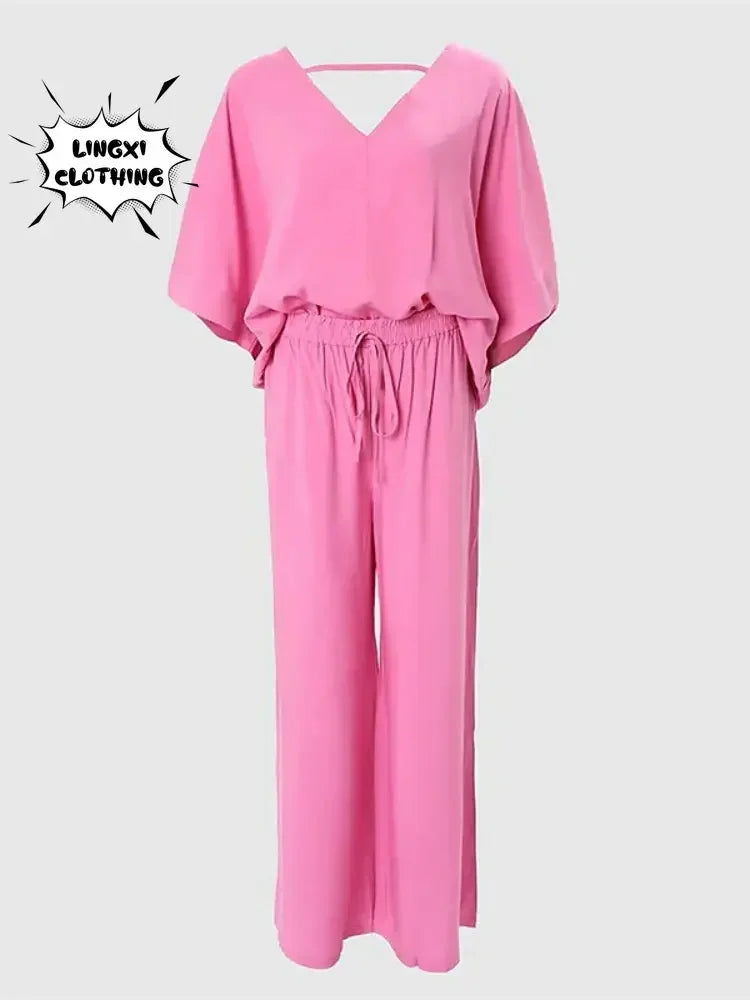 2024 Summer Fashion New Women's Elegant Loose High Waist Plus Size Set Off Back Elastic Waist Retro Women's Two Piece Set