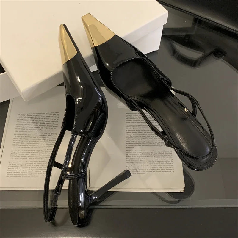 Eilyken Street Style Pointed Toe Women Pumps Fashion Slingbacks Thin High Heels Elegant Stripper Prom Ladies Sandals Shoes Patent Black 9CM
