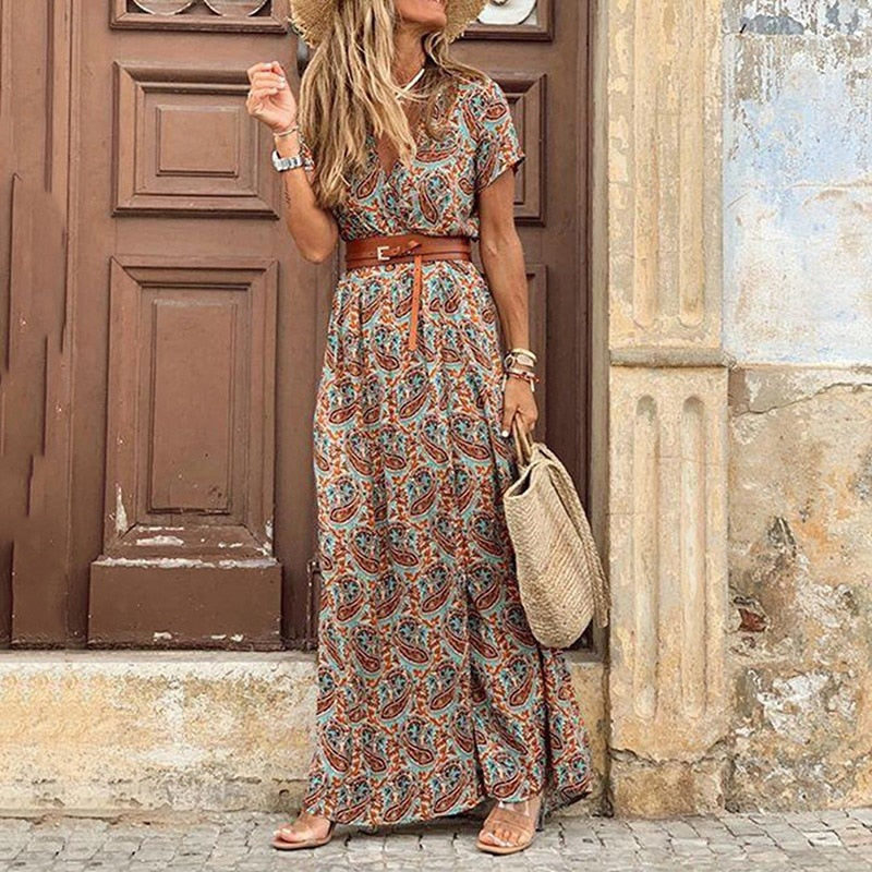 Women Boho Long Dress Fashion Paisley Print V Neck Short Sleeve Dresses Summer Belt Large Hem Beach Dress Elegant Slit Skirt Brown