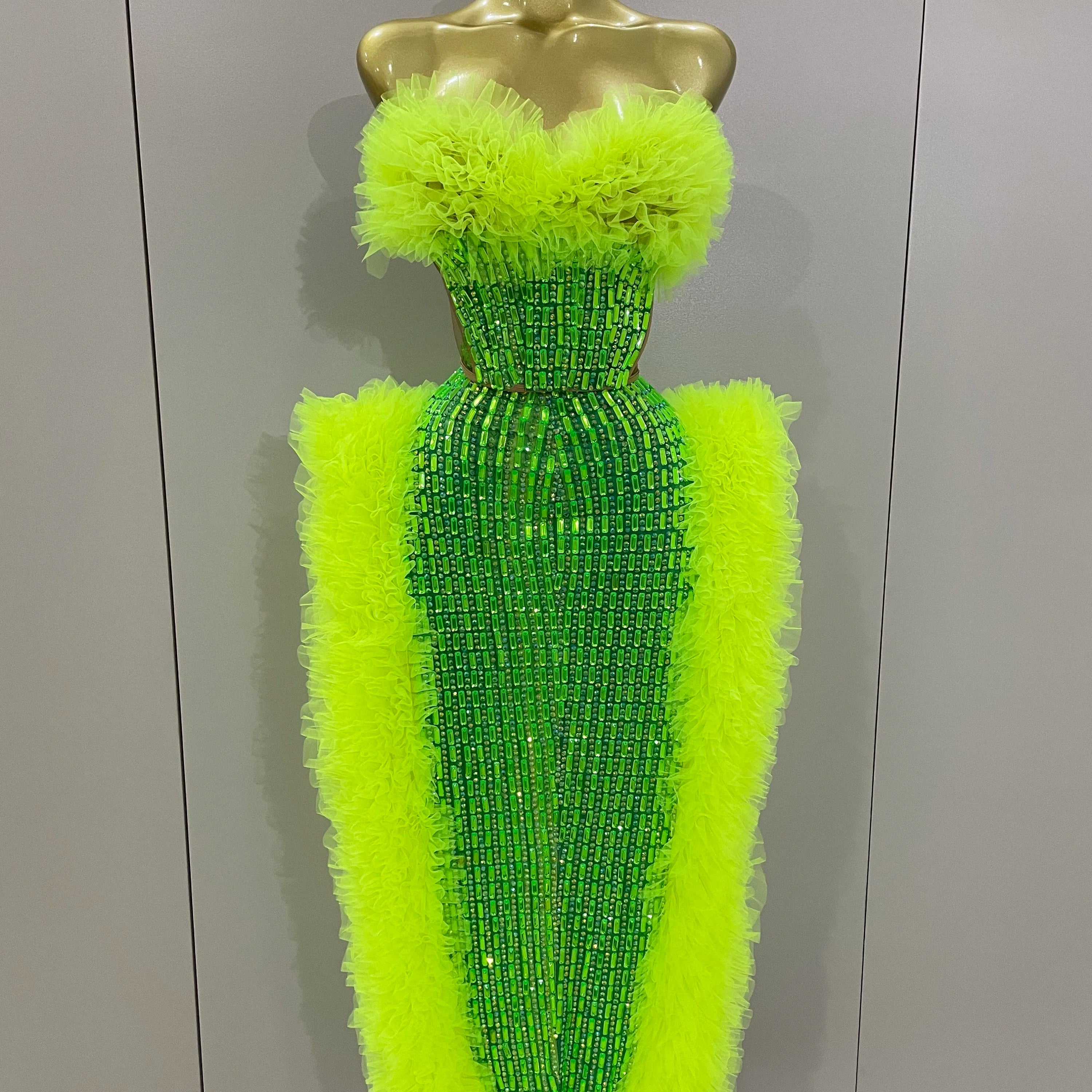 Sparkly Rhinestone Sexy Strapless Tops Skirt 2 PCS Set 2025 Women Celebrate Evening Prom Birthday Dress Nightclub Stage Outfit Fluorescent Green