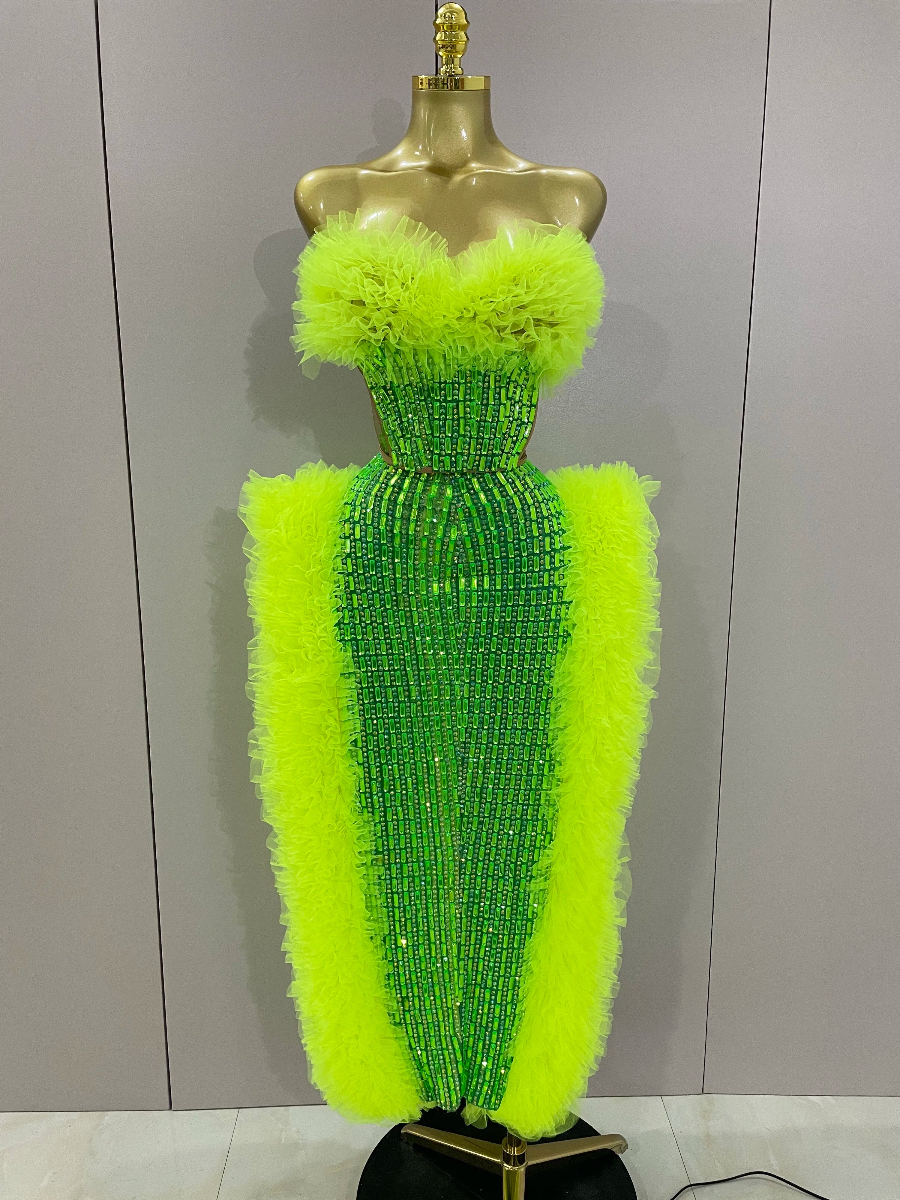 Sparkly Rhinestone Sexy Strapless Tops Skirt 2 PCS Set 2025 Women Celebrate Evening Prom Birthday Dress Nightclub Stage Outfit Fluorescent Green