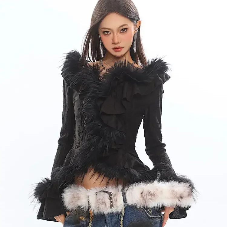 Solid Fashion Spliced Fur Sweater for Women V Neck Long Sleeve Patchwork Ruffles Fold Pullovers Female Clothing New BLACK One Size