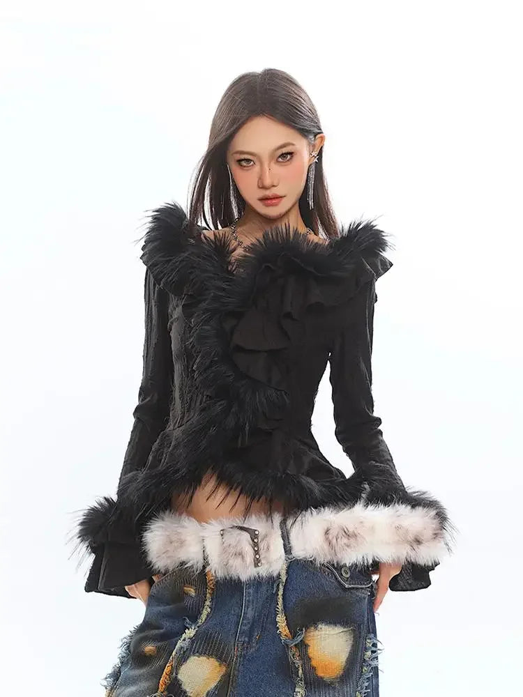 Solid Fashion Spliced Fur Sweater for Women V Neck Long Sleeve Patchwork Ruffles Fold Pullovers Female Clothing New BLACK One Size
