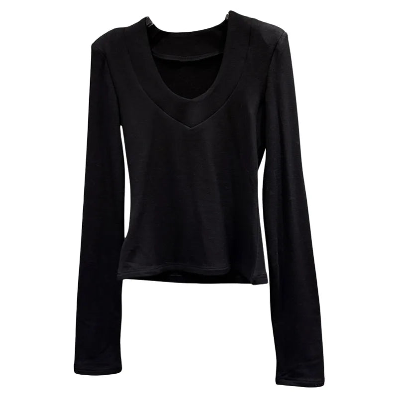Winter New Fashion V-Neck Simple Design Shoulder Pad Long Sleeve Base T-Shirt For Women Solid Color Top 11A07711