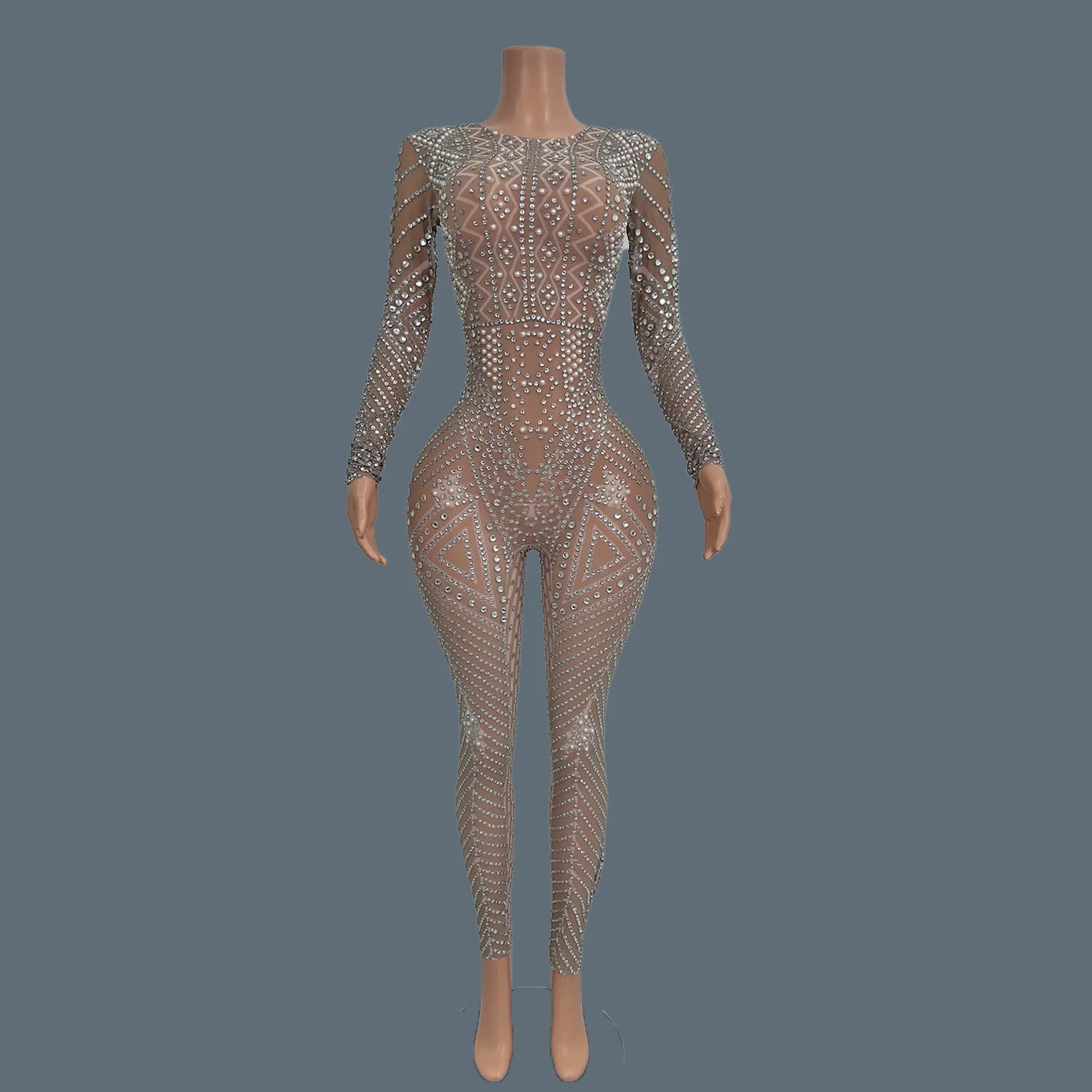 Trendy Stage Sexy Wear Bodycon Jumpsuit Mesh See Through Nightclub Stage Performance Rompers Outfit Showgirl Costume Gaoduanjihe Gold