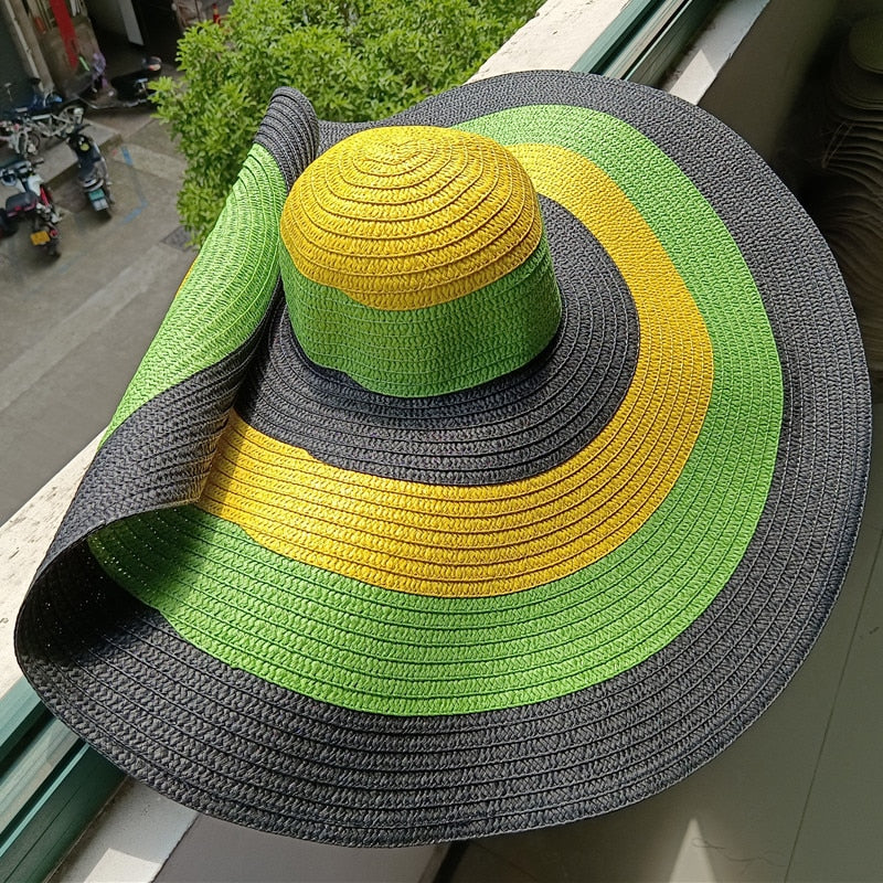 Rainbow striped big brim anti-ultraviolet sunshade sun hat beach sun hat with wire edge can be folded arbitrarily 04 M 56-58cm