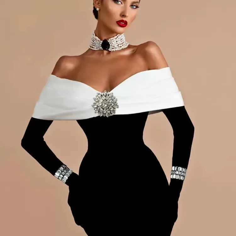 Sexy Off The Shoulder Luxury Diamonds White Patchwork Black Long Bandage Dress Elegant Woman Party Dress Wedding Party Vestido
