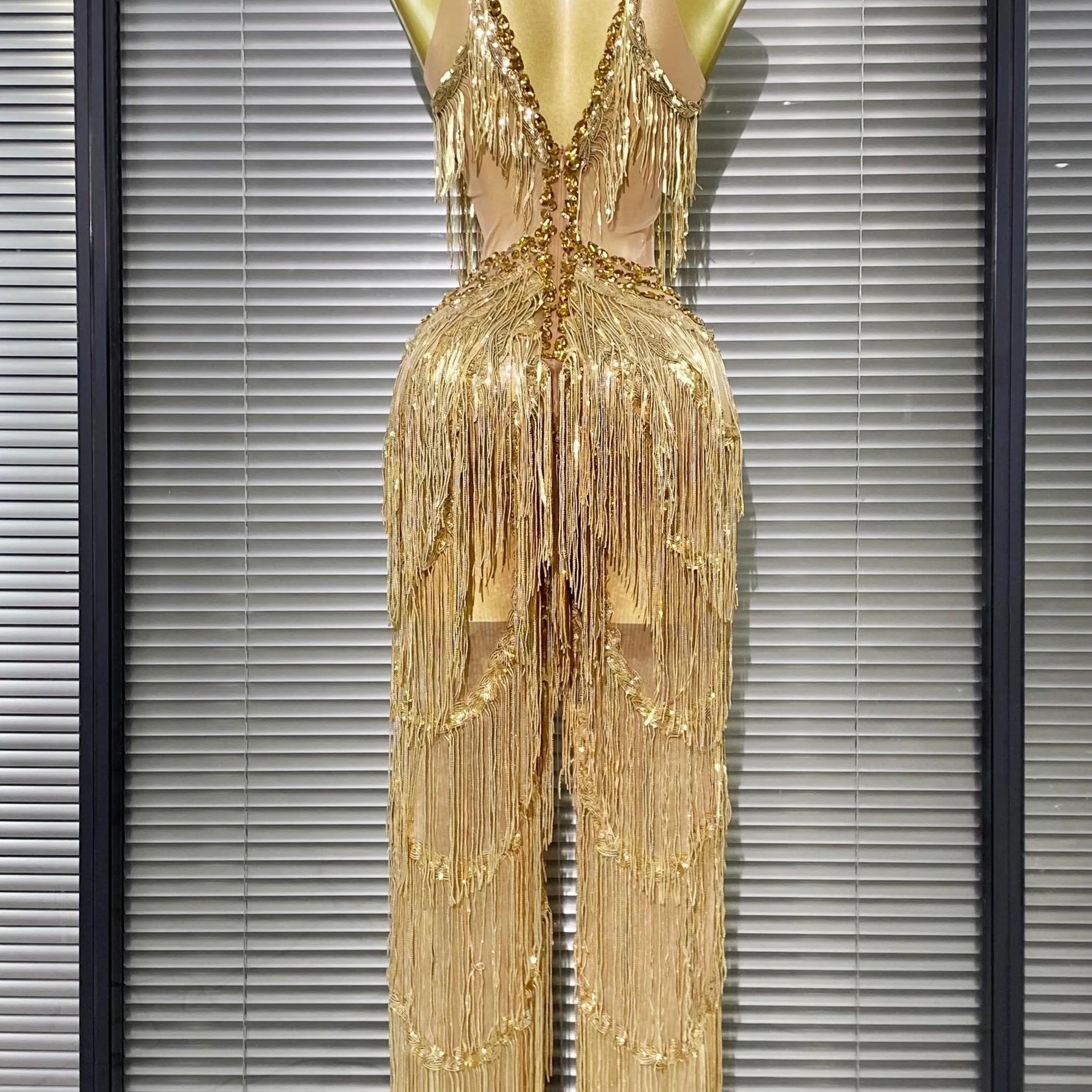 Golden Sequins Tassle Sexy V-Neck Hollow Out Jumpsuit Fashion Woman Woman Party Outfit Stage Performance Costume
