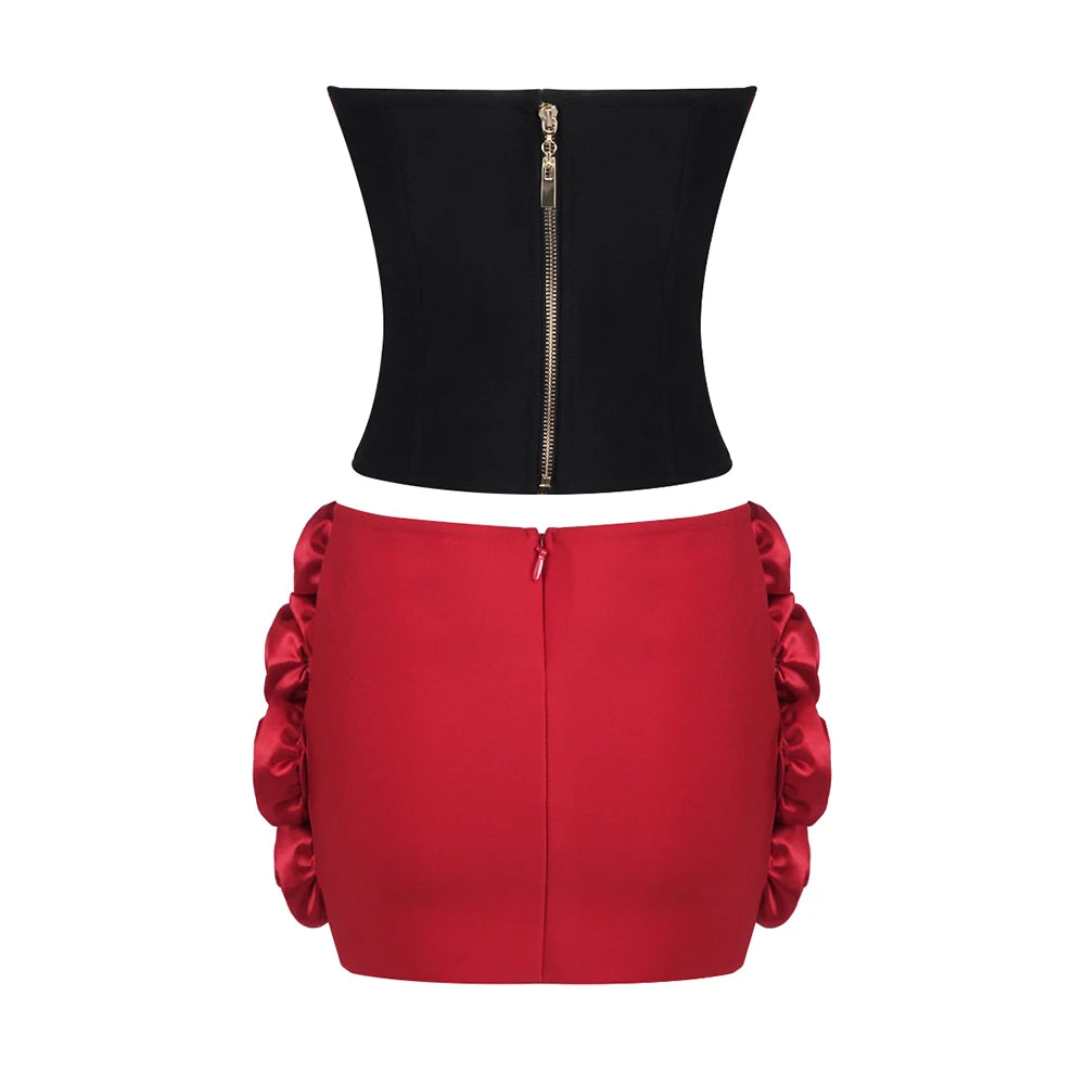 Stereoscopic Red Flower Woman Set Strapless Top And Mini Dress 2 pieces Fashion Woman Evening Party Dress Birthday Party Outfit