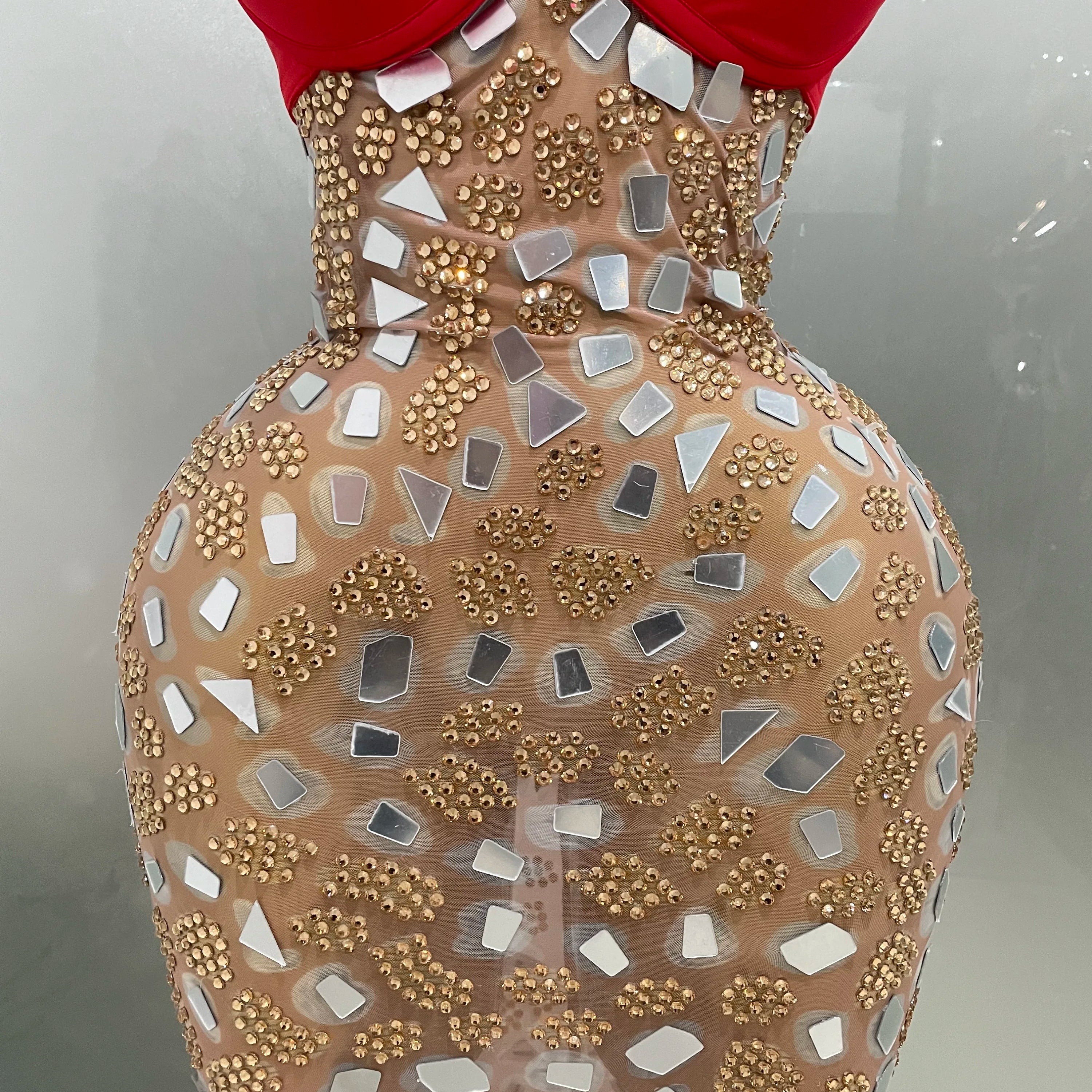 Sexy Sparkly Rhinestones Mesh Mirrors Red Roses Long Dress 2025 New Women Elegant Evening Party Club Stage performance Costume