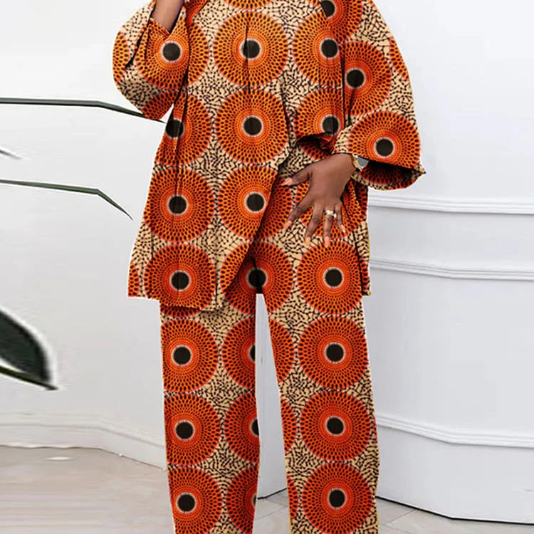 Plus Size VONDA Bohemian Style Printing Outfits Women Elegant Tops Sets O-neck Long Sleeve Casual Loose Two Piece Suits Holiday Orange