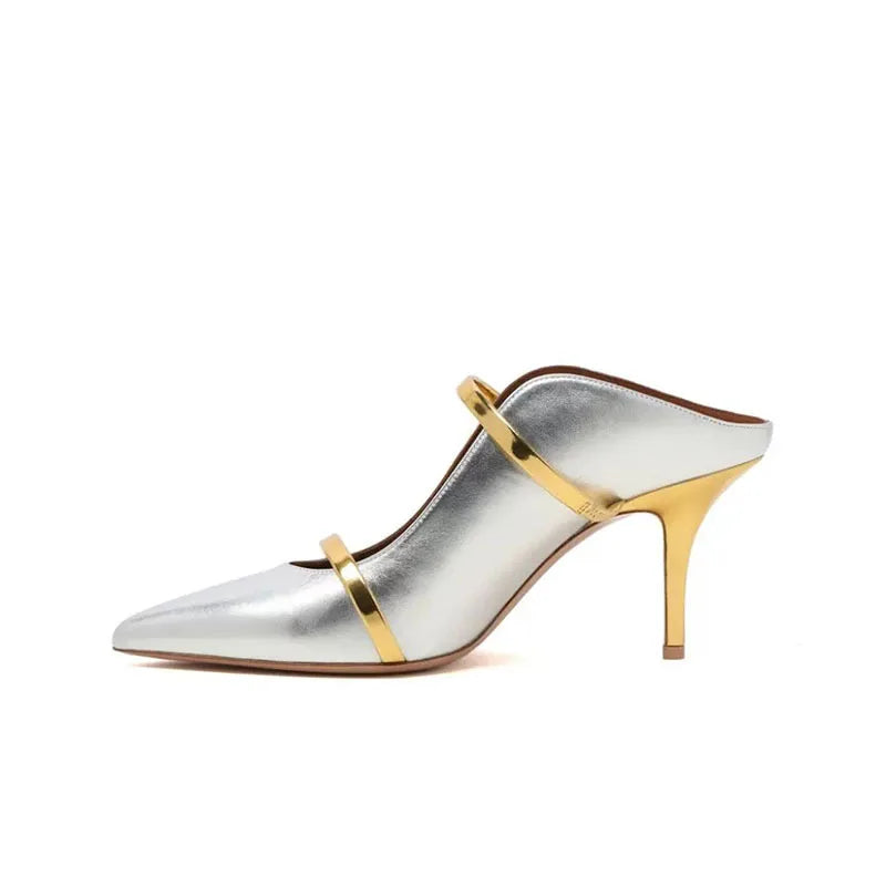 Silver Strappy Heeled Sandals Shallow Pointed Toe Heels Slip On Luxury Designer Shoes Sandalias De Mujer Zapatillas Summer 2025 silver