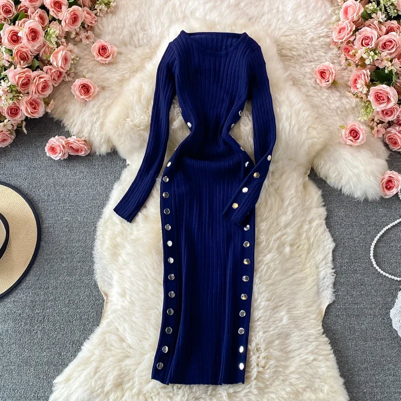 Winter Women's Knitted Sweater Dresses O-Neck Long Sleeve Slim Side Double Row Buckle Hip Wrap Dress Ladies Sheath Dress Autumn
