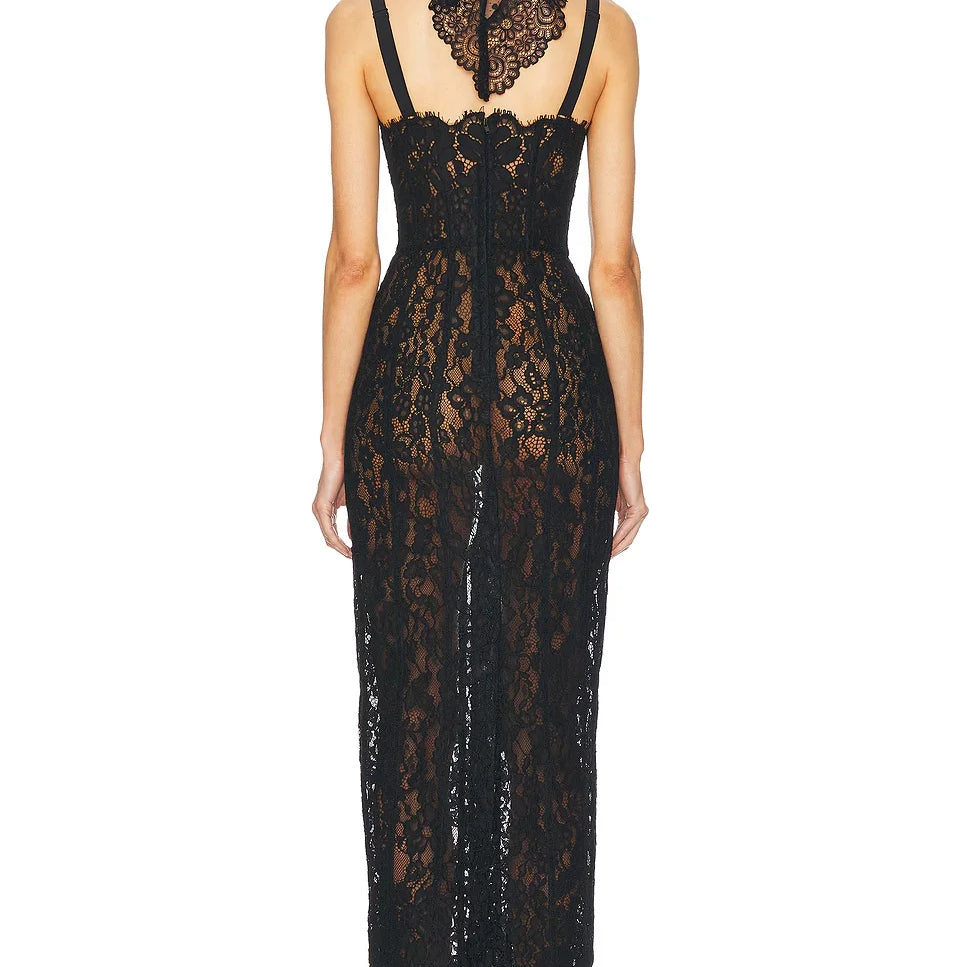 New Summer Black Women Sleeveless Sexy Strap Square Collar Lace Bodycon Mid-calf Dress Evening Party Celebrate Birthday Wear