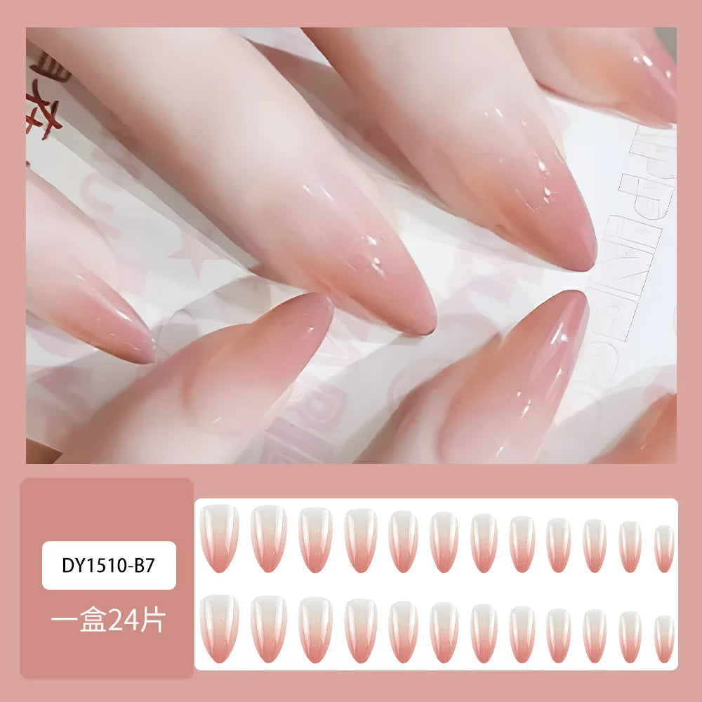 24pcs Nude Pink False Nails Sweet Gradient Pink Almond Fake Nail Tips Wearable Detachable INS Simple Nude Color Press on Nails 1