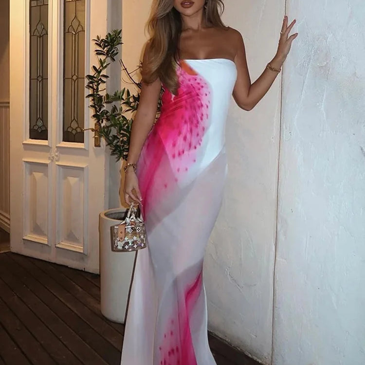 Floral Print Strapless Sexy Maxi Dress For Women Gown Patchwork Off-shoulder Backless Sleeveless Print Long Dress
