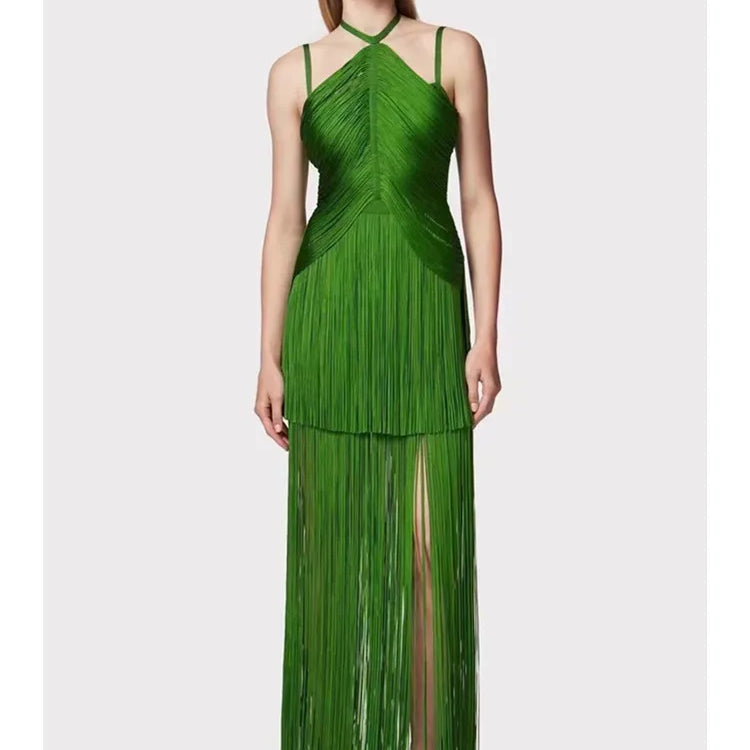 Women Celebrity Sexy Backless Tassel Green Black Ankle Length Bodycon Bandage Dress 2025 Elegant Evening Club Party Outfit green