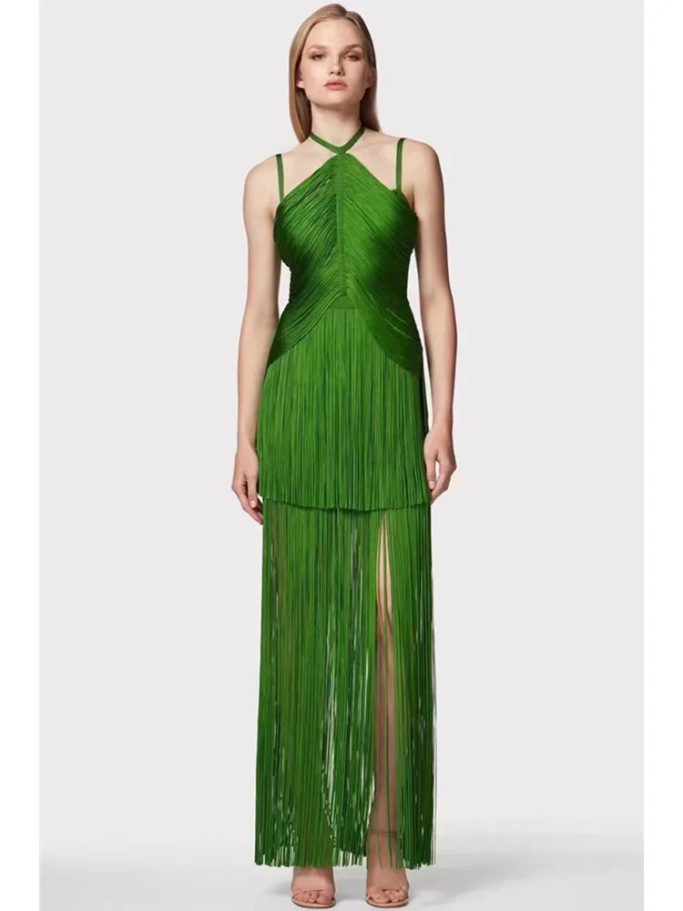 Women Celebrity Sexy Backless Tassel Green Black Ankle Length Bodycon Bandage Dress 2025 Elegant Evening Club Party Outfit green