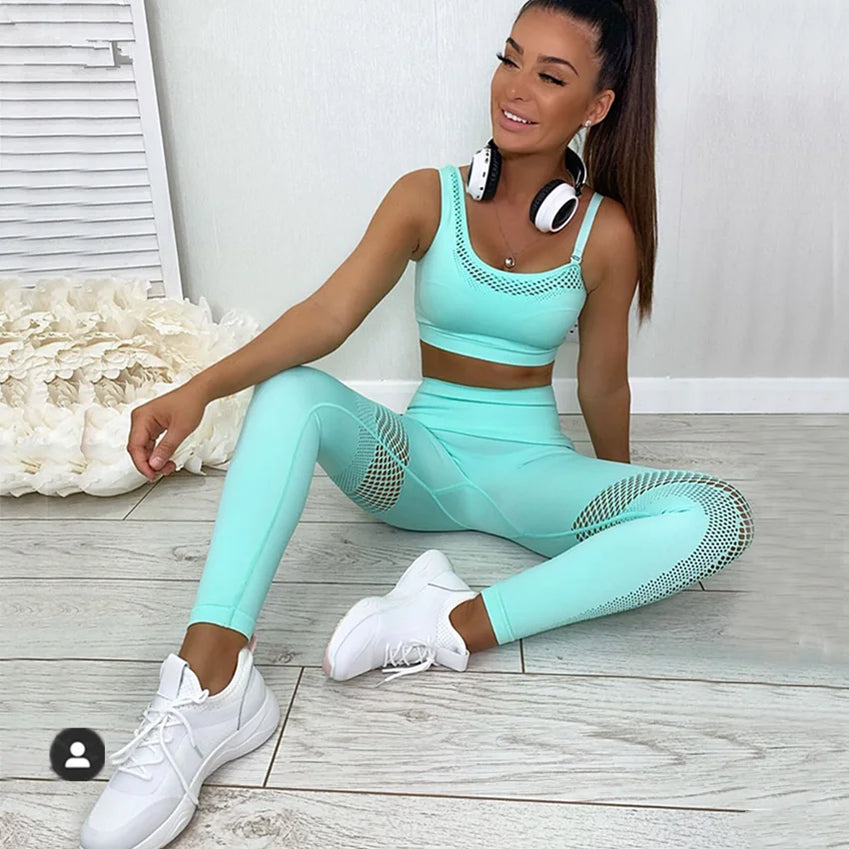 Seamless Yoga Set Sport Outfits Women 2pcs Two Piece Hollow Long Sleeve Crop top Leggings Workout Wear Gym Suit Fitness Sets Green Bra Set