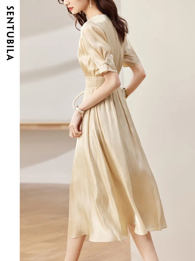 Sentubila Vintage Elegant Dresses for Women 2024 Summer Fashion V-Neck Empire Puff Sleeves A-Line Long Dresses Women Clothing