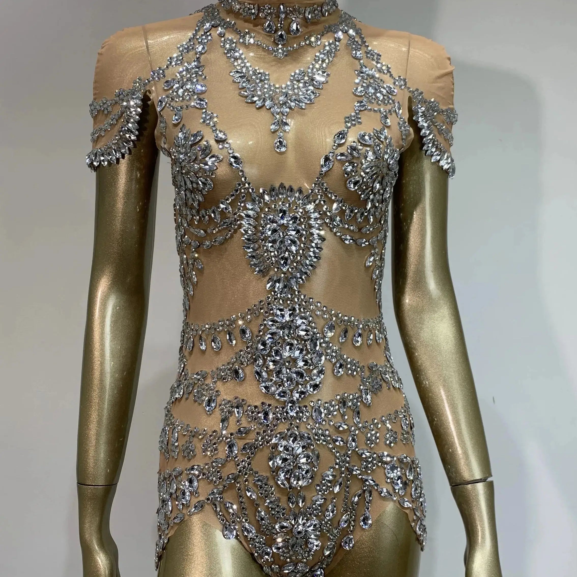Stock Women Luxury Sexy Crystal Diamonds Beige Bodysuit Birthday Party Costume Bar Nightclub Stage Performance Outfit