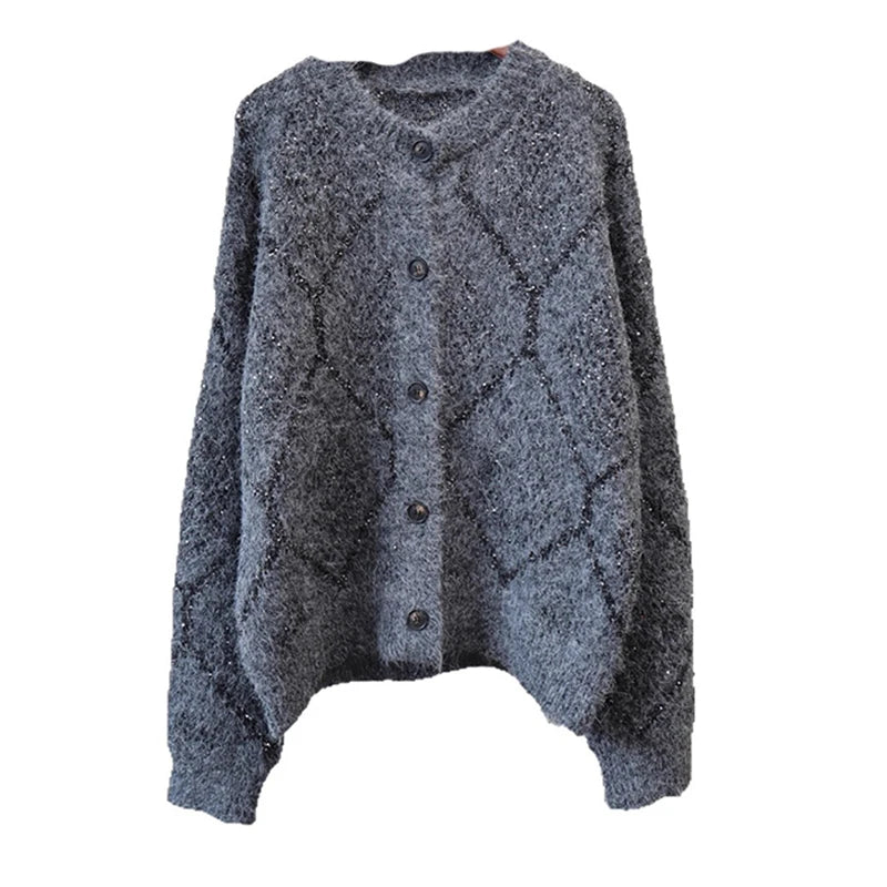 Autumn Winter New Sequin Design Round Neck Knitted Cardigan For Women Loose Casual Sweater Coat Female 11A07625
