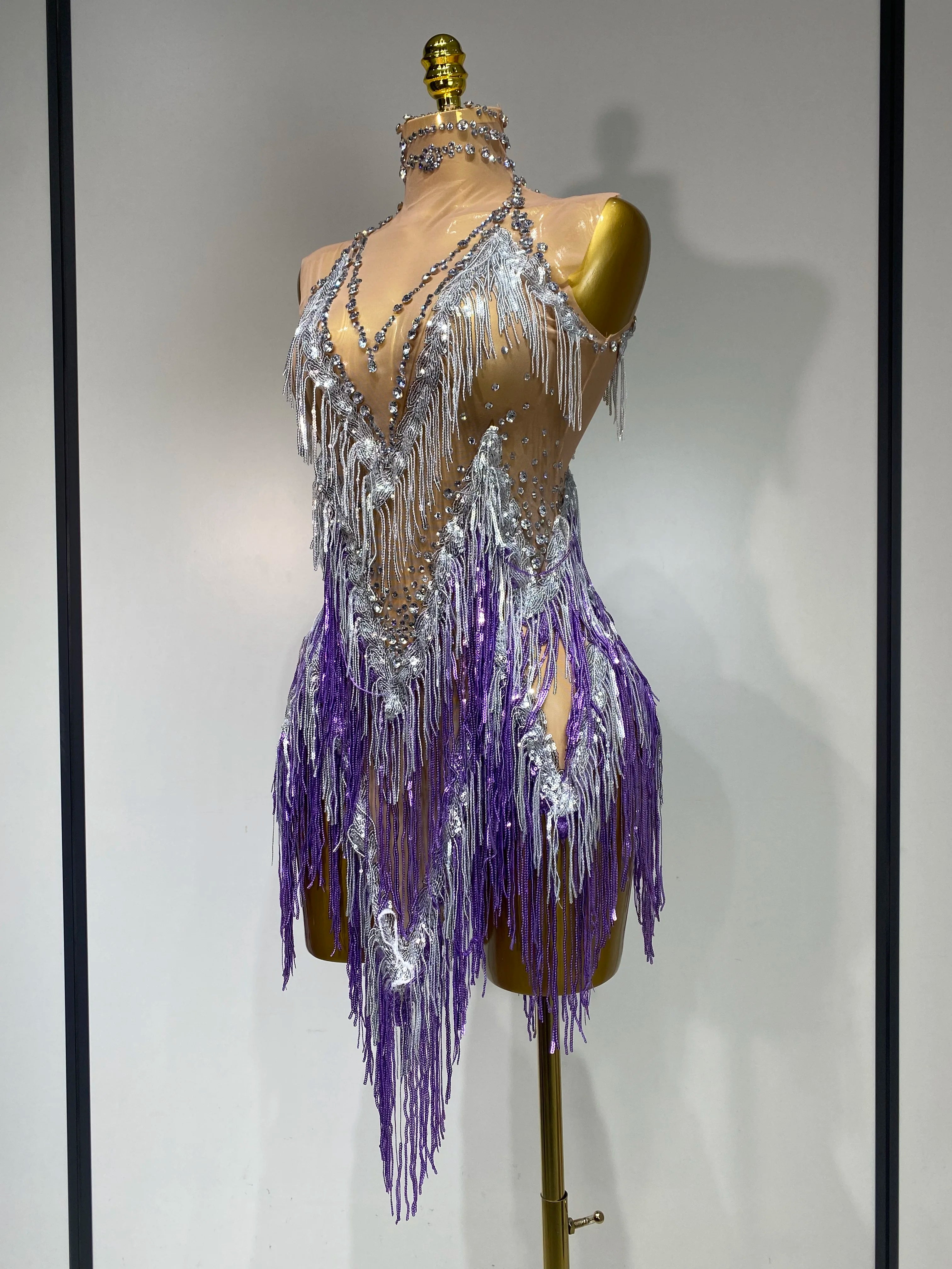 Luxury Rhinestone Tassel Sexy Women Short Latino Dance Dress Birthday Nightclub Bar Sleeveless Sparkly Performance Stage Outfit