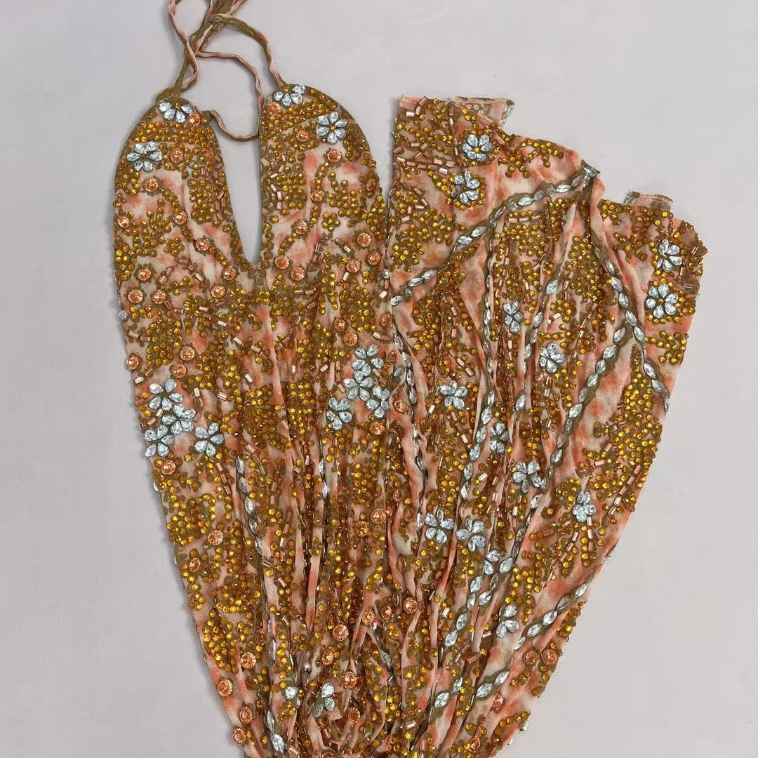 Women's Sexy Backless Strap Deep V Neck Dress Elegant Rhinestone Evening Dress Birthday Celebrate Party Queen Maxi Dress huangye