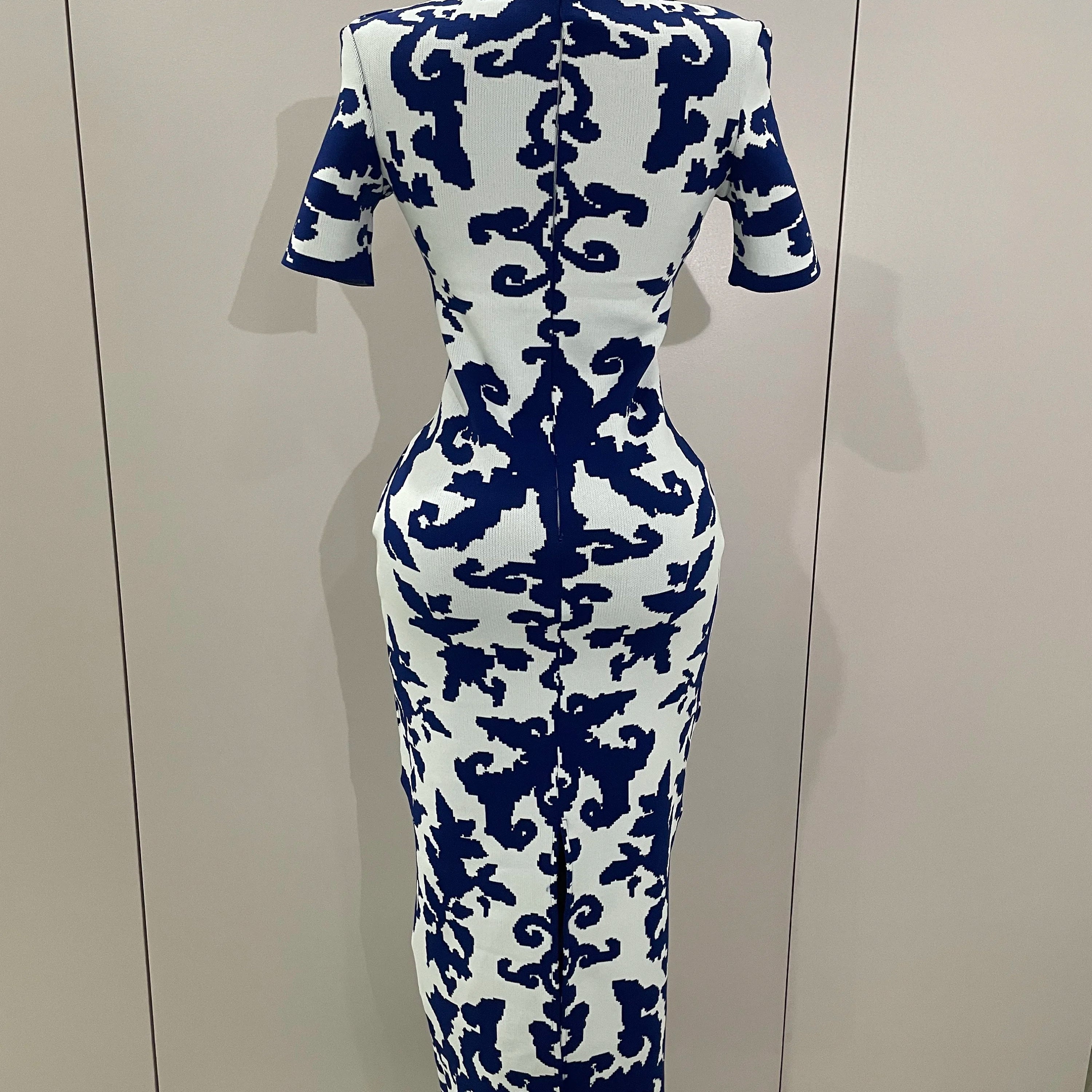 2025 New Sexy Short Sleeve Jacquard Blue Bandage Bodycon Long Dress Women Celebrity Elegant Evening Club Party Luxury Dresses