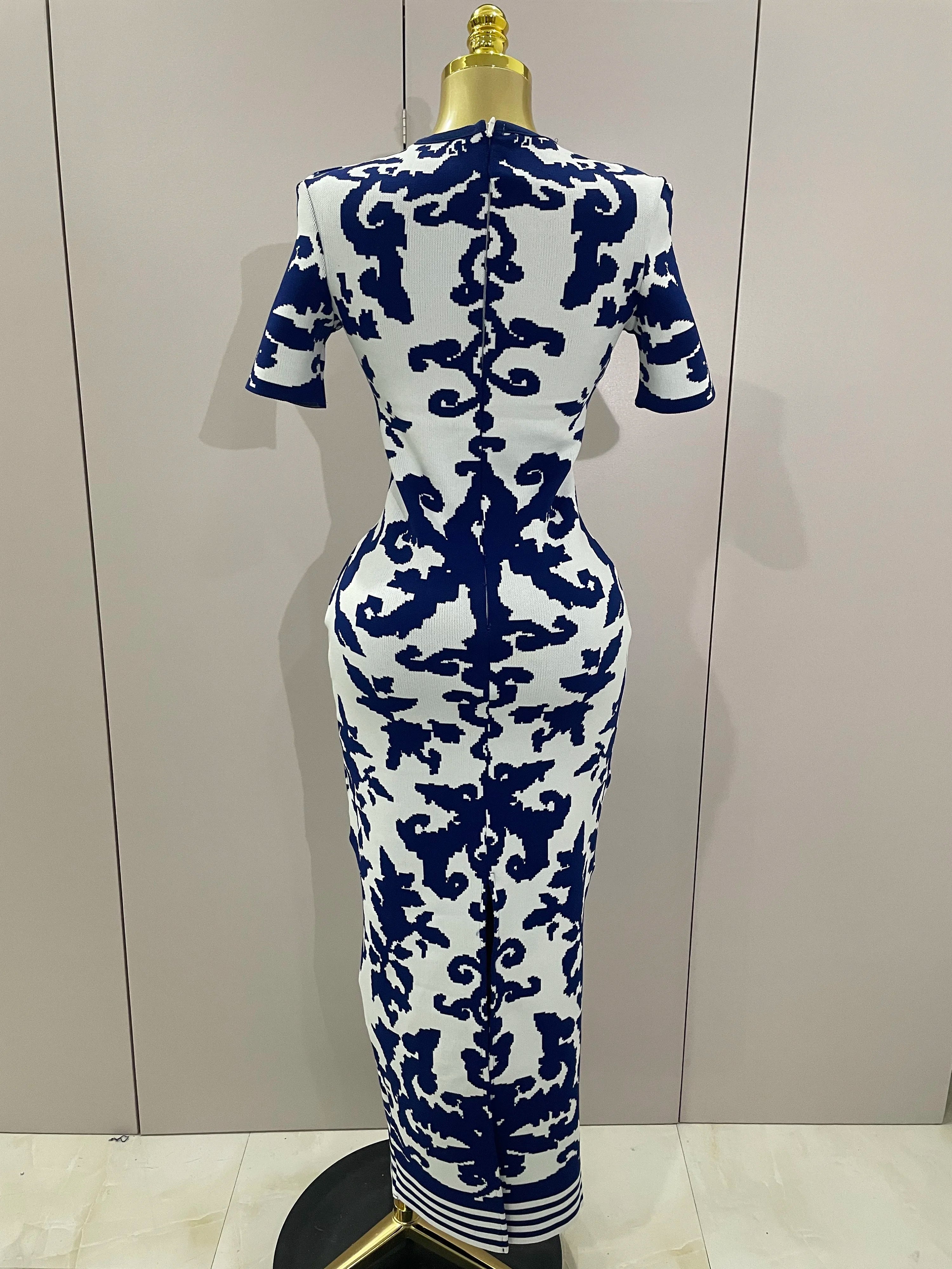 2025 New Sexy Short Sleeve Jacquard Blue Bandage Bodycon Long Dress Women Celebrity Elegant Evening Club Party Luxury Dresses